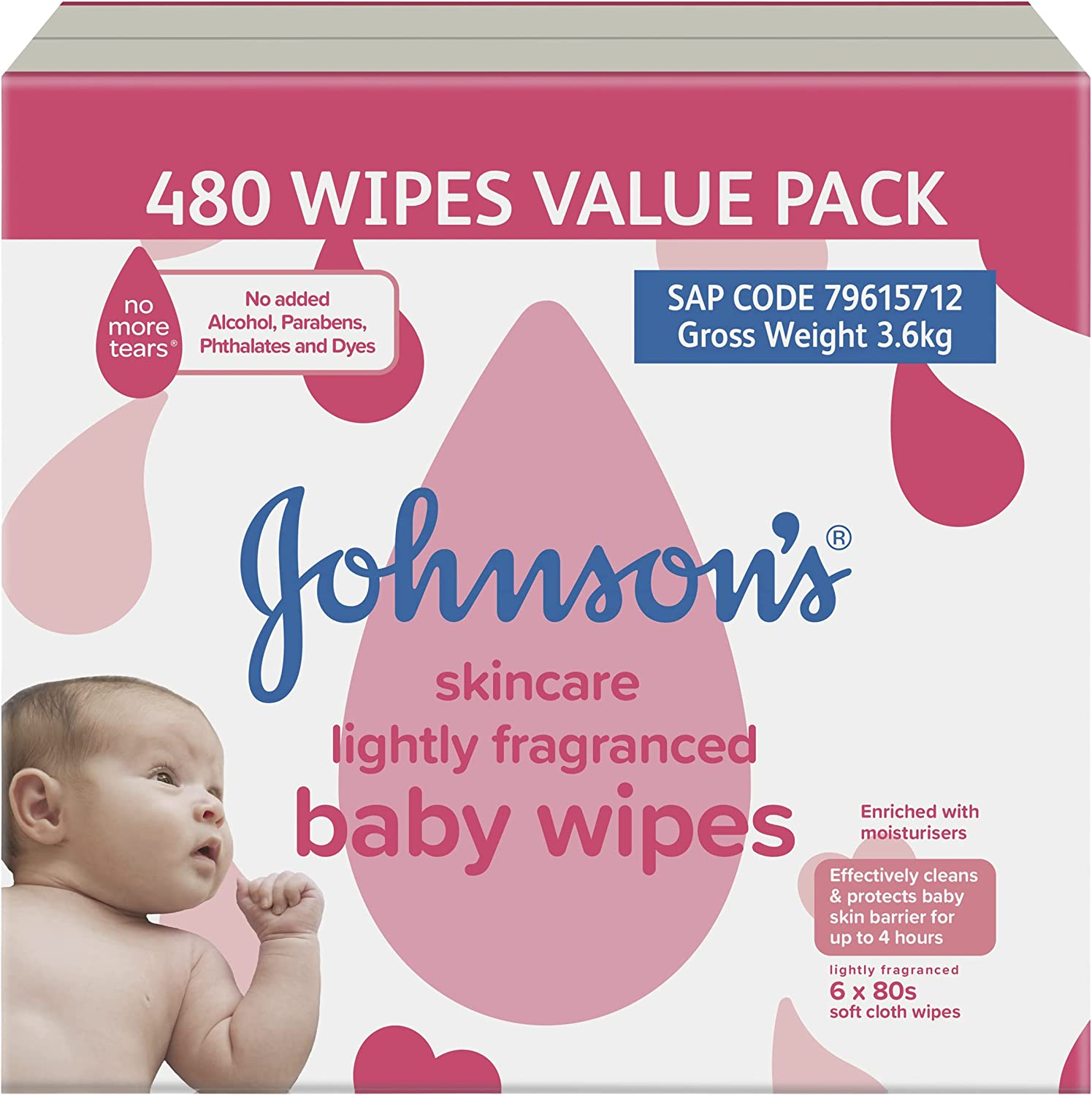 Johnson'S Baby Skincare Lightly Fragranced Baby Wipes 6 X 80 Pack|Enriched with Moisturisers|Hydrates, Nourishes & Protects Baby Skin Barrier image number 1
