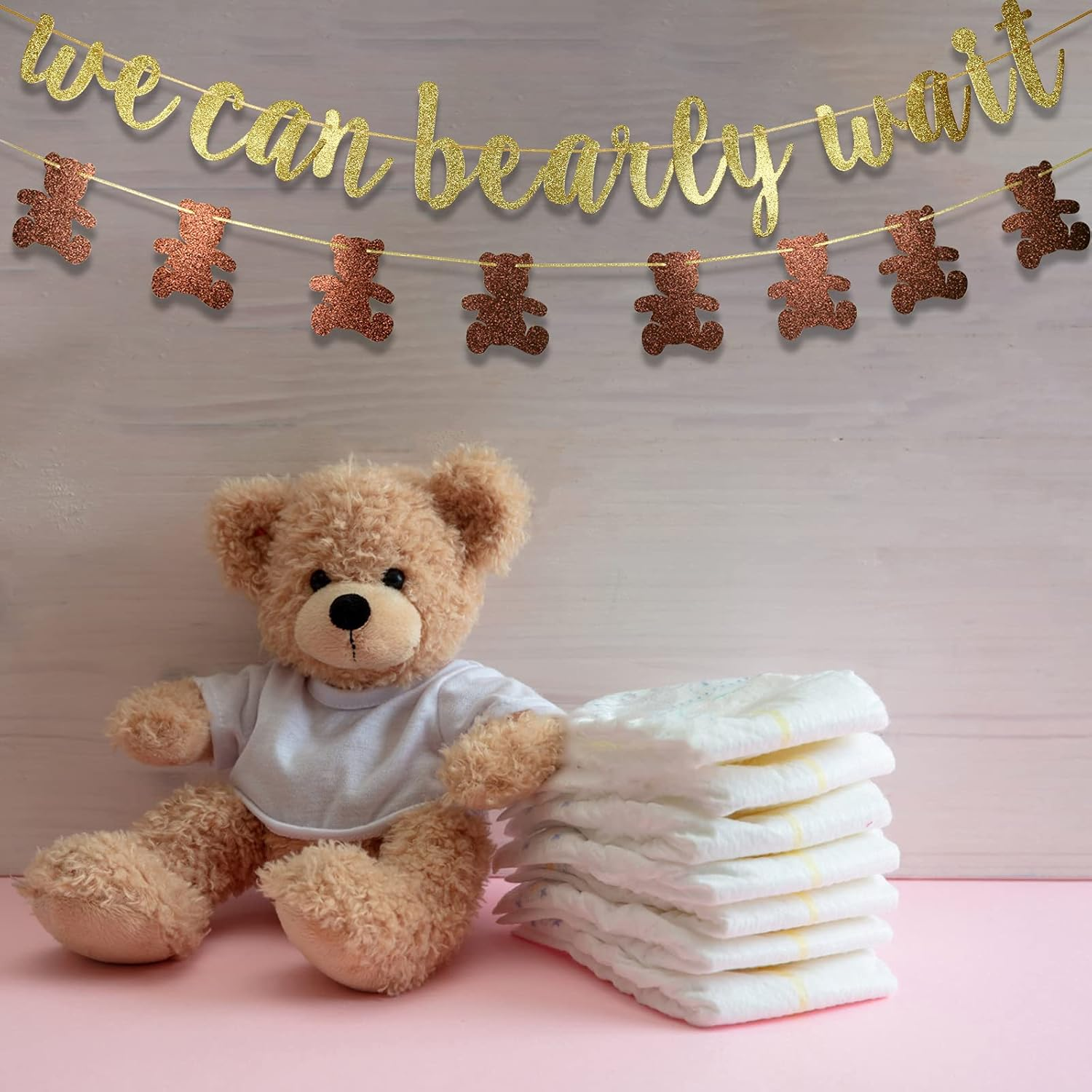 We Can Bearly Wait Glitter Banner, Baby Shower Decorations, Gender Reveal Party Supplies for Teddy Bear Theme Garland (Gold and Brown) image number 2