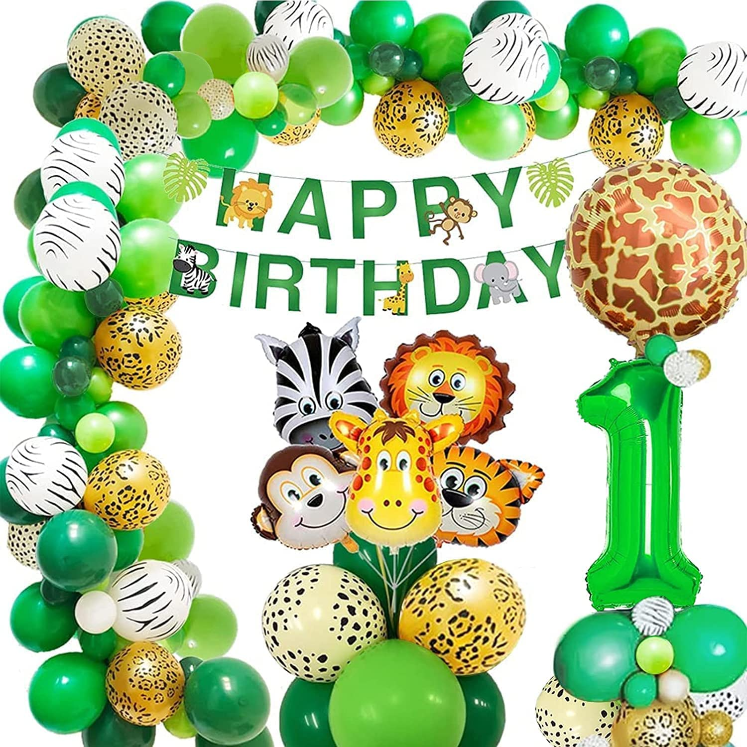 Toddler Jungle Theme Balloon Arch Kit for 1 Year Old Baby Boy Girl, Green Happy Birthday Banner Balloons Garland, Safari Shower Party Supplies Decorations - 64Pcs (1)