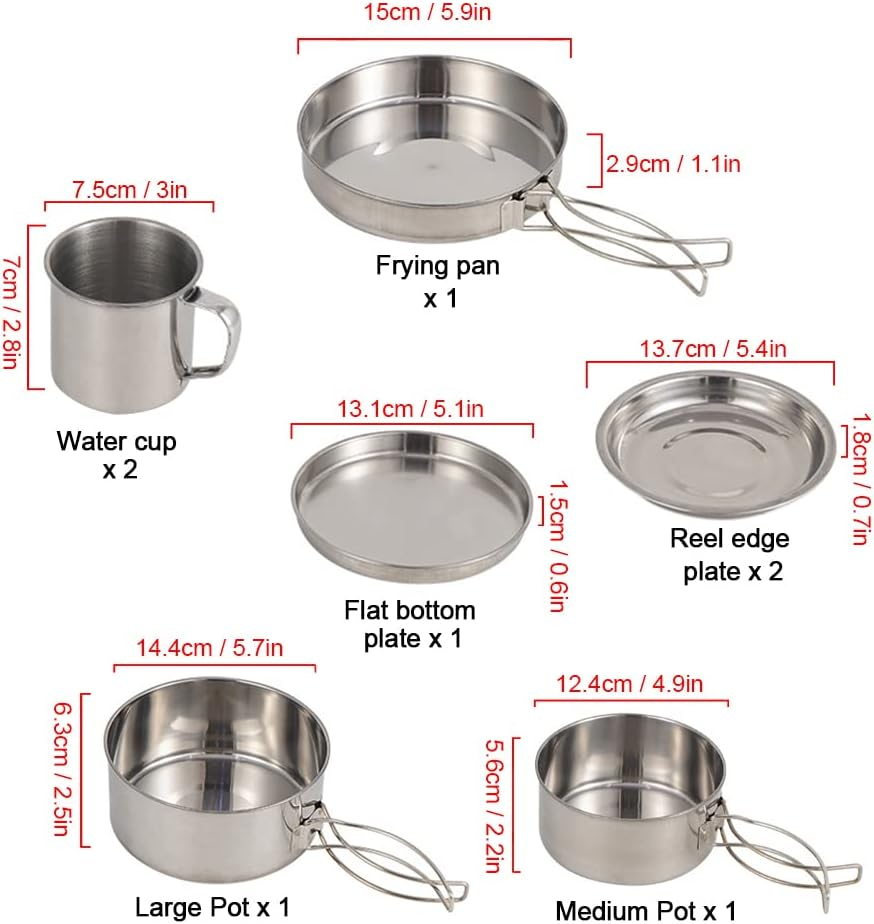 Camping Cookware Mess Kit 8PCS Stainless Steel Cooking Pot and Pan Set with Plates Cups for Outdoor Camping Hiking Backpacking image number 2