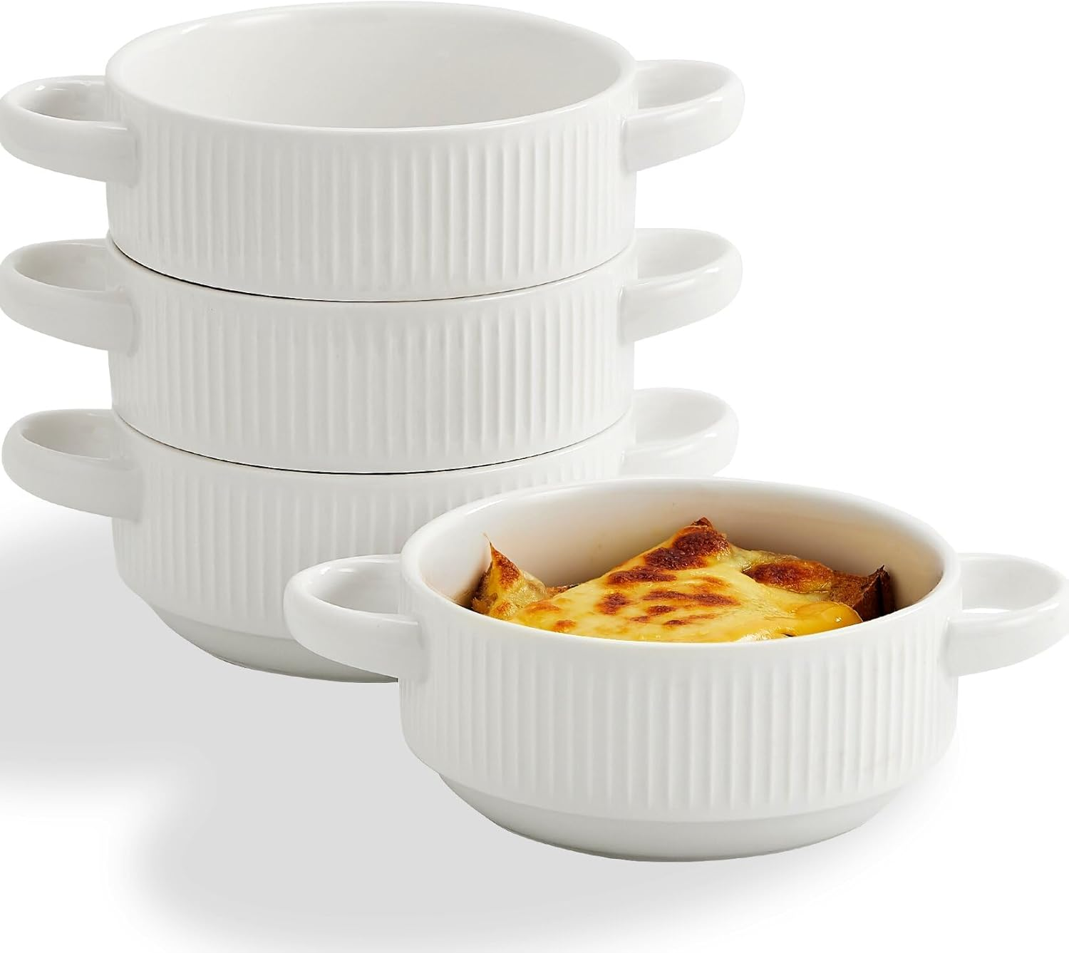 Ceramic Soup Bowls with Handles, 20 Oz French Onion Soup Bowls Set of 4, Stackable Soup Crocks for Soups, Chili, Beef Stew, Microwave and Oven Safe - 5.4Inch, White image number 6