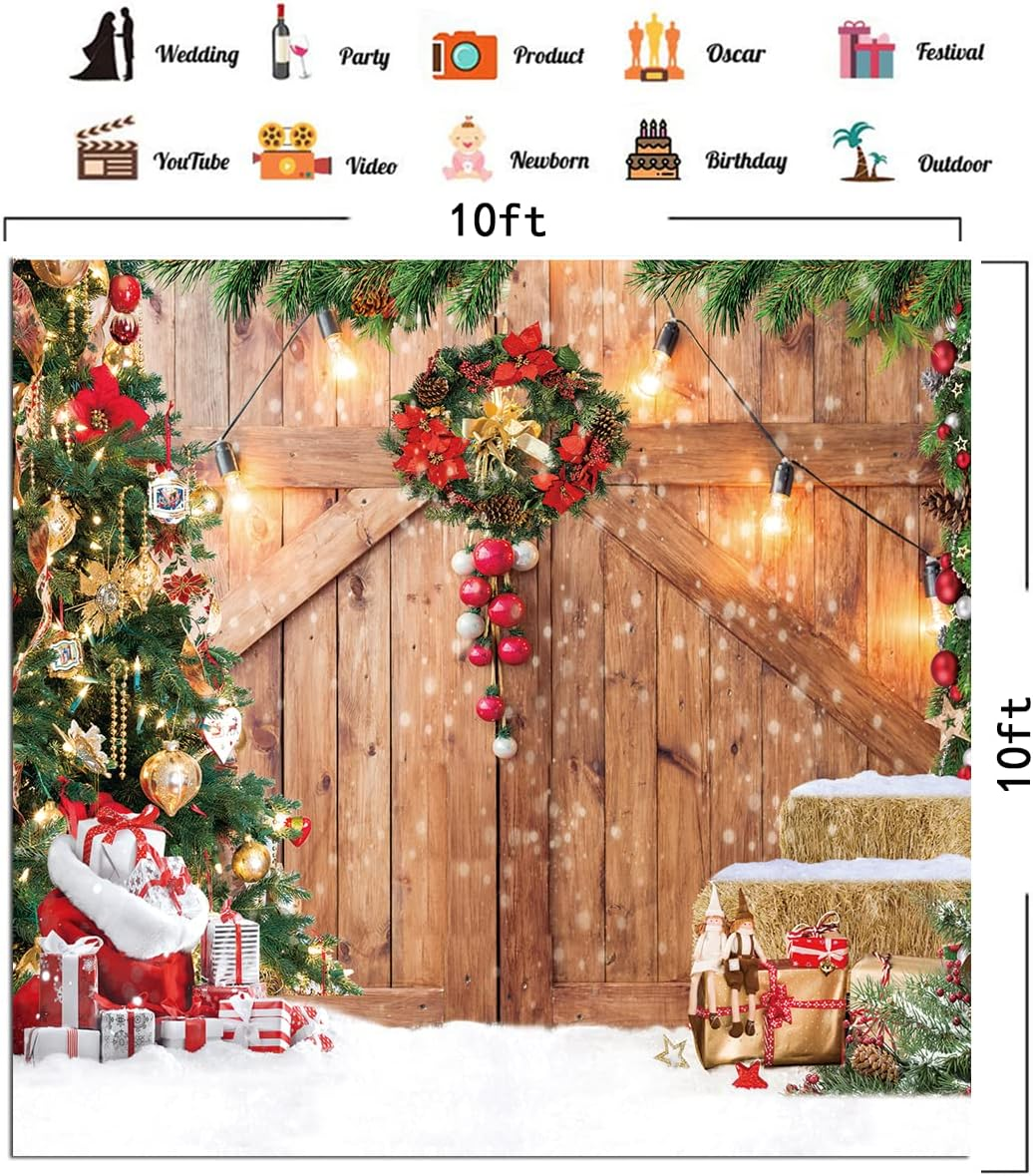 CHAIYA 10X10Ft Christmas Backdrop Christmas Barn Door Photography Backdrop Xmas Tree Snow Wall Background Xmas Party Supplies Family Kids Party Banner Decorations Backdrops CY177