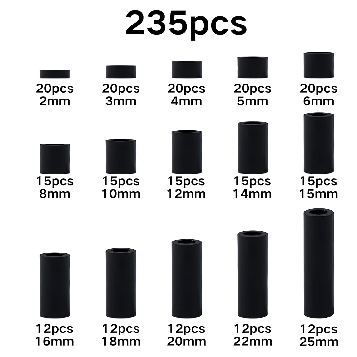 235Pcs ABS Black round Spacer OD 7Mm ID 4.1Mm for M4 Screws 15Sizes Non-Threaded Column Standoff Support Spacer round Straight Tube Plastic Washer Standoff image number 1