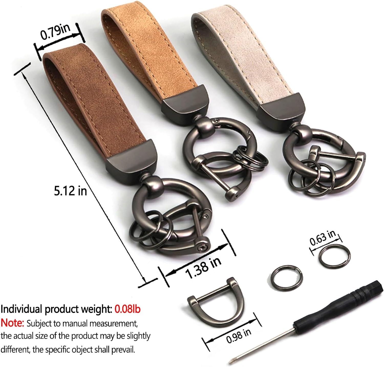 3PCS Leather Car Keychain Accessories Key Ring 360 Degree Rotatable Snap Swivel and Anti-Lost D-Ring Metal Key Chains for Men and Women(Brown,Blue,Grey), Golden image number 2