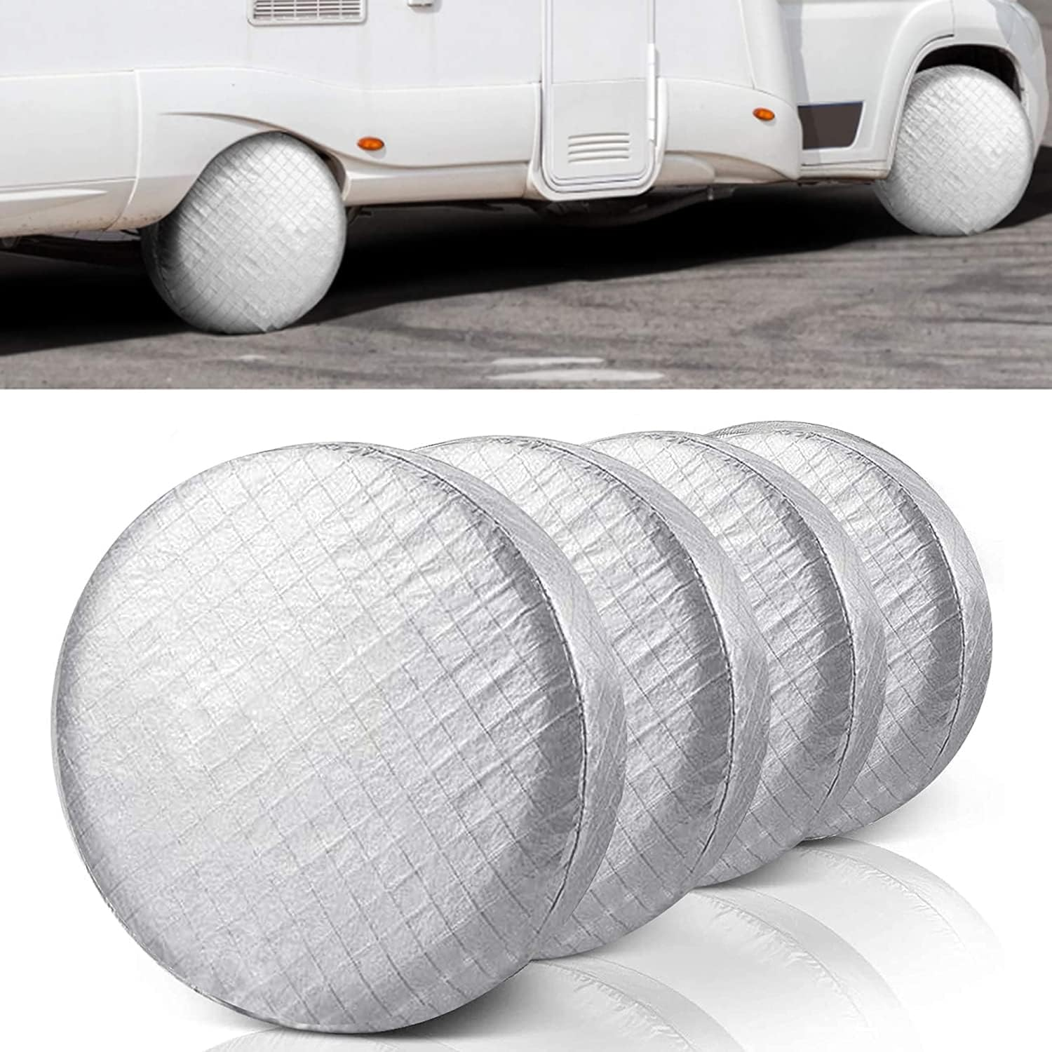 Tire Covers,4Pcs Tire Cover Waterproof Dustproof Aluminum Film Anti‑Uv Tyre Spare Wheel Protector with Hooks for Car RV SUV Truck Trailer,Fit 30-32 Inch Tire Diameter/Silver