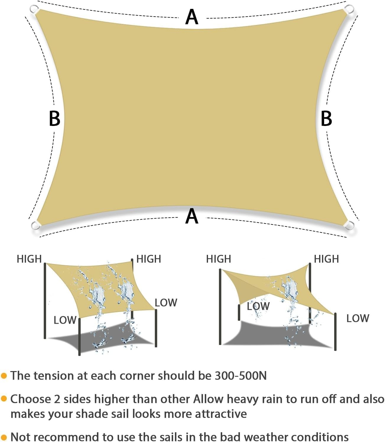 Sun Shade Sail, Outdoor Rectangle Sun Sail Shade with 4 Ropes, Pergola Canopy, 95% UV Block, for Patio, Garden, Backyard, Lawn and Swimming Pool (Beige, 6.5' X 13')