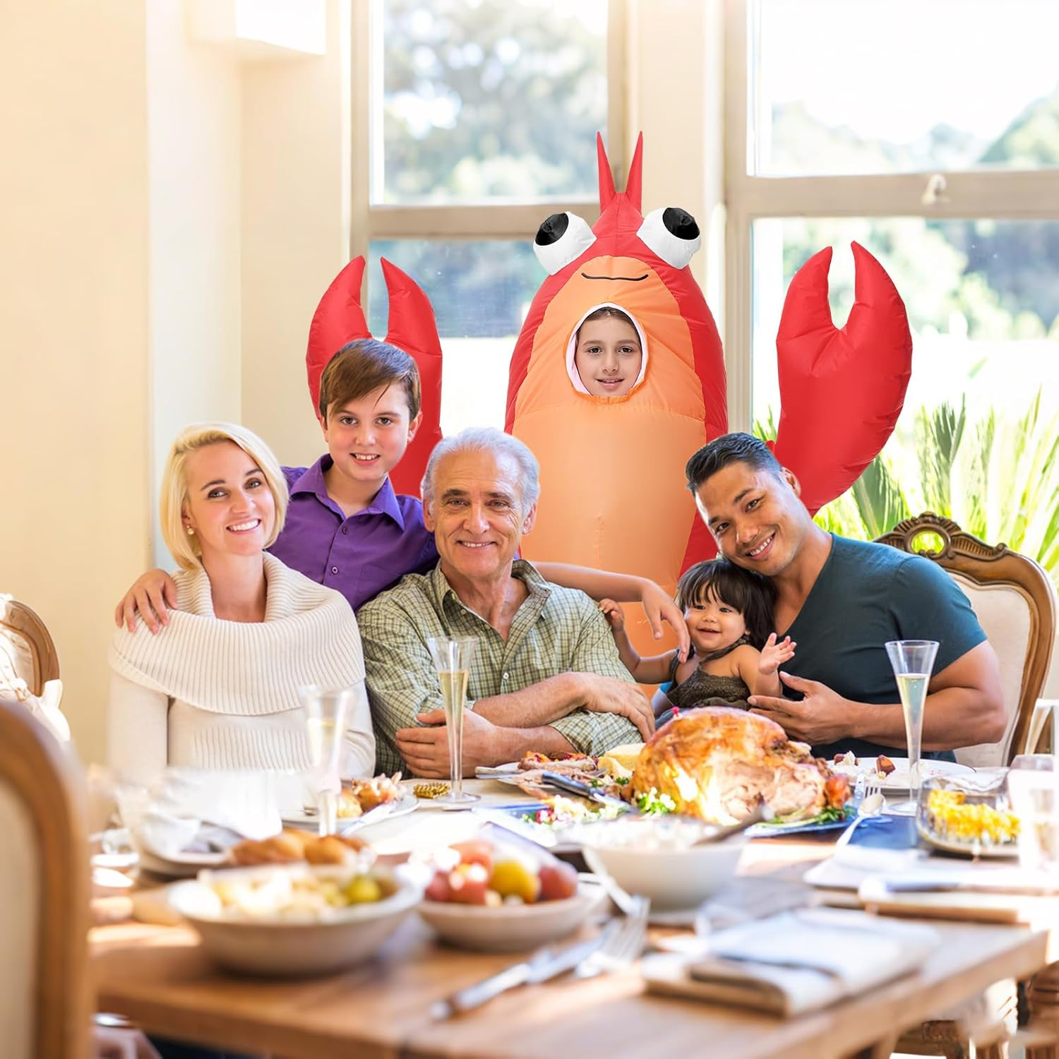 Inflatable Costume Lobster for Adult/Kids, Funny Halloween Lobster Blow up Costume Crawfish with Huge Pincers for Men Women Cosplay Party Red