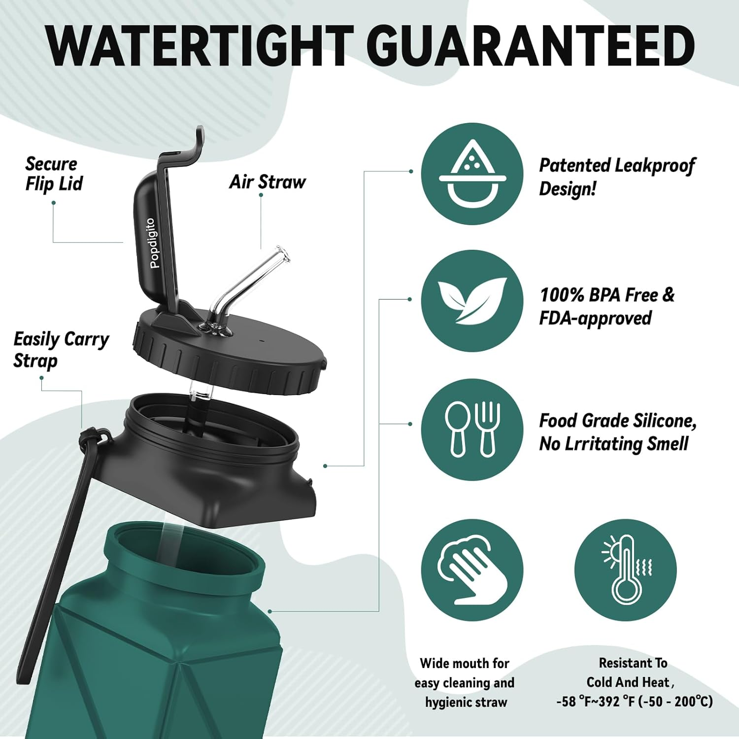 Collapsible Water Bottles,Food Grade BPA Free Silicone Foldable Water Bottle,20.6Oz Lightweight Bottles,Upgrade Leakproof Lid,Reusable Expandable Water Bottles for Travel Gym Camping Hiking - Dark Blue+Dark Grey+Dark Green image number 7