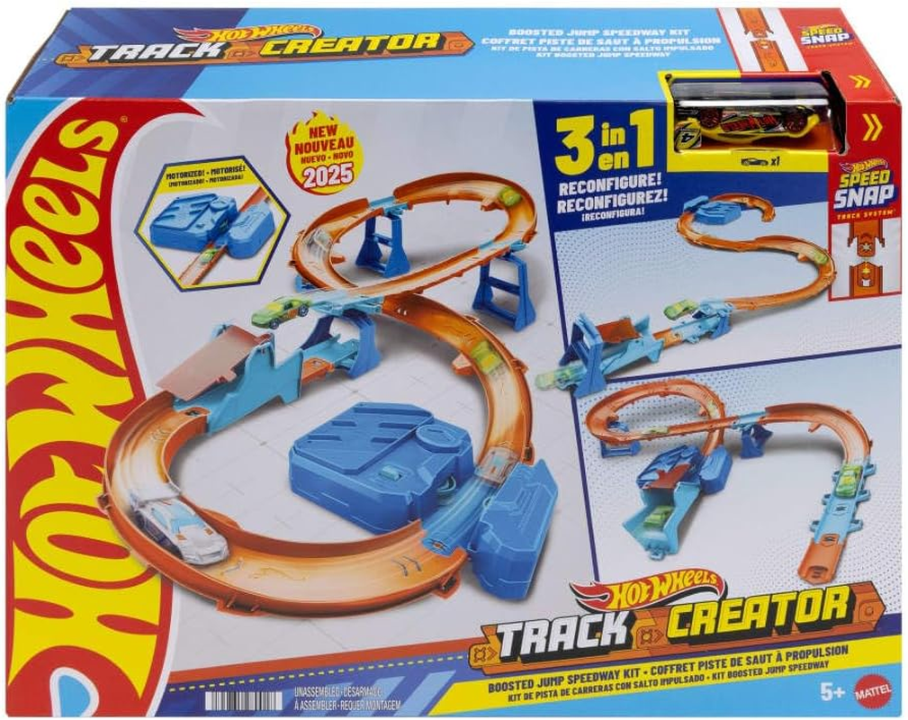 Hot Wheels Toy Car Track Set, Deluxe Building Box with Motorized Booster, 1:64 Scale Vehicle, Speed Snap Track, Boosted Jump Speedway image number 5