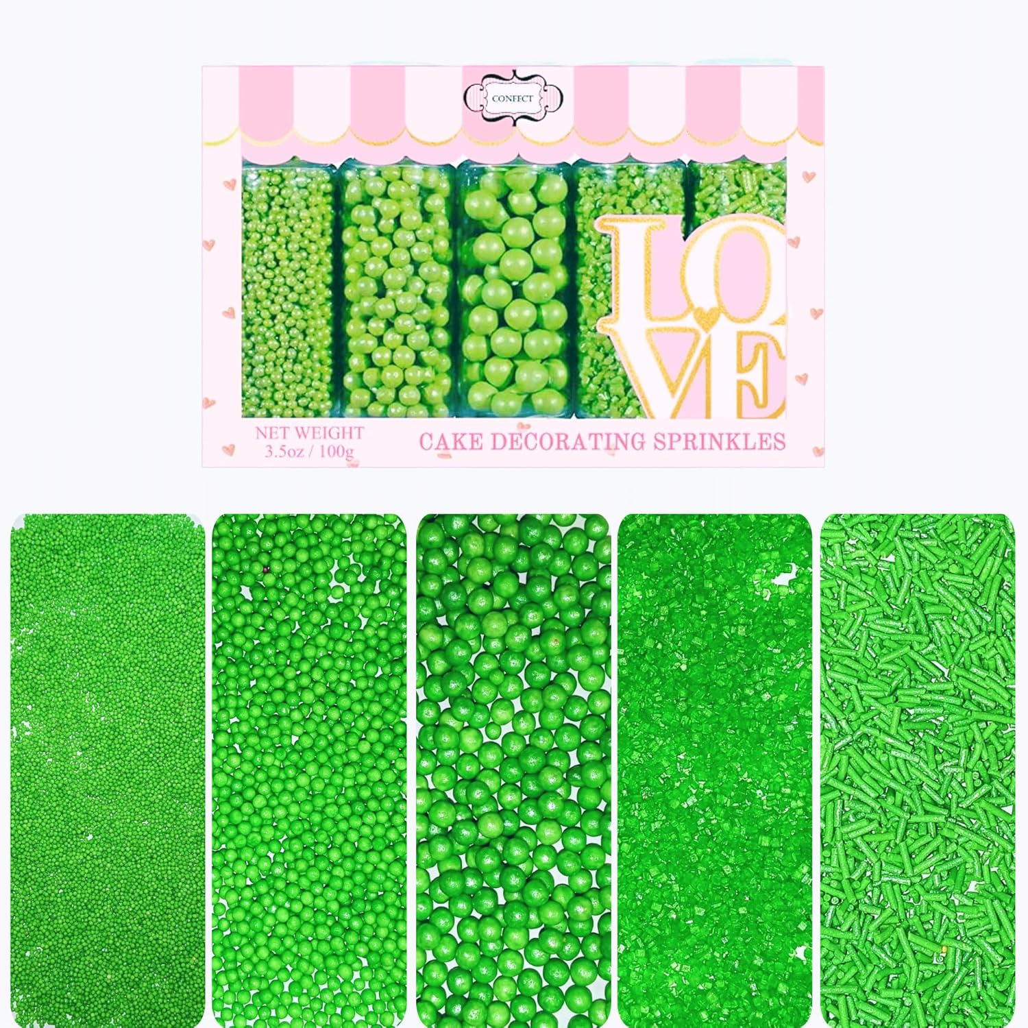 Confect Sprinkles for Cakes & Cupcakes Decoration | Assorted Pack of 5 Party in Park Pea Green Sprinkles | Celebration Sprinkles | Edible Mix Dragees, Jimmies & Sparkling Sugar - 3.5 Oz image number 4