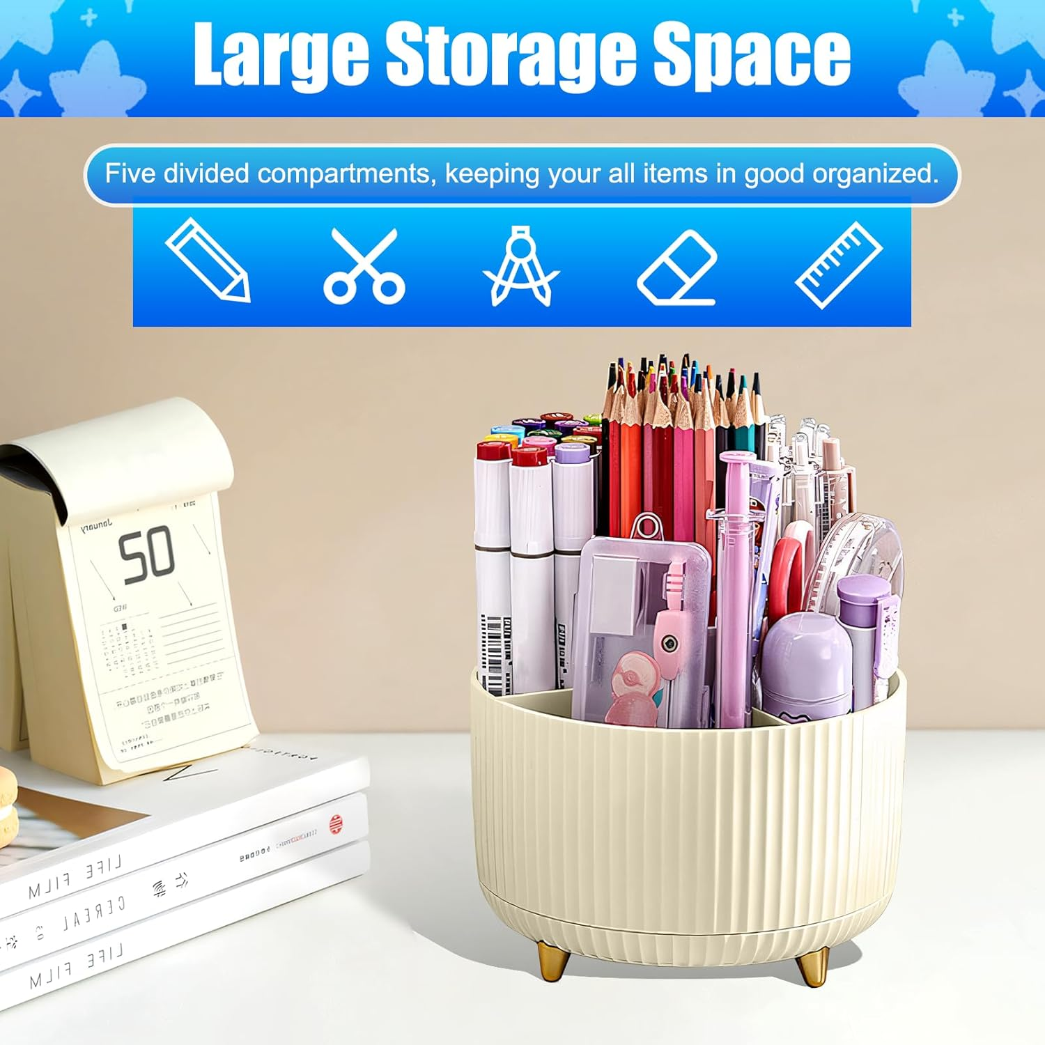 360 Degree Rotation Desk Organizer, Dual-Purpose Desktop Pencil Pen Holder Organizer for Home Office School Home (Beige) image number 4