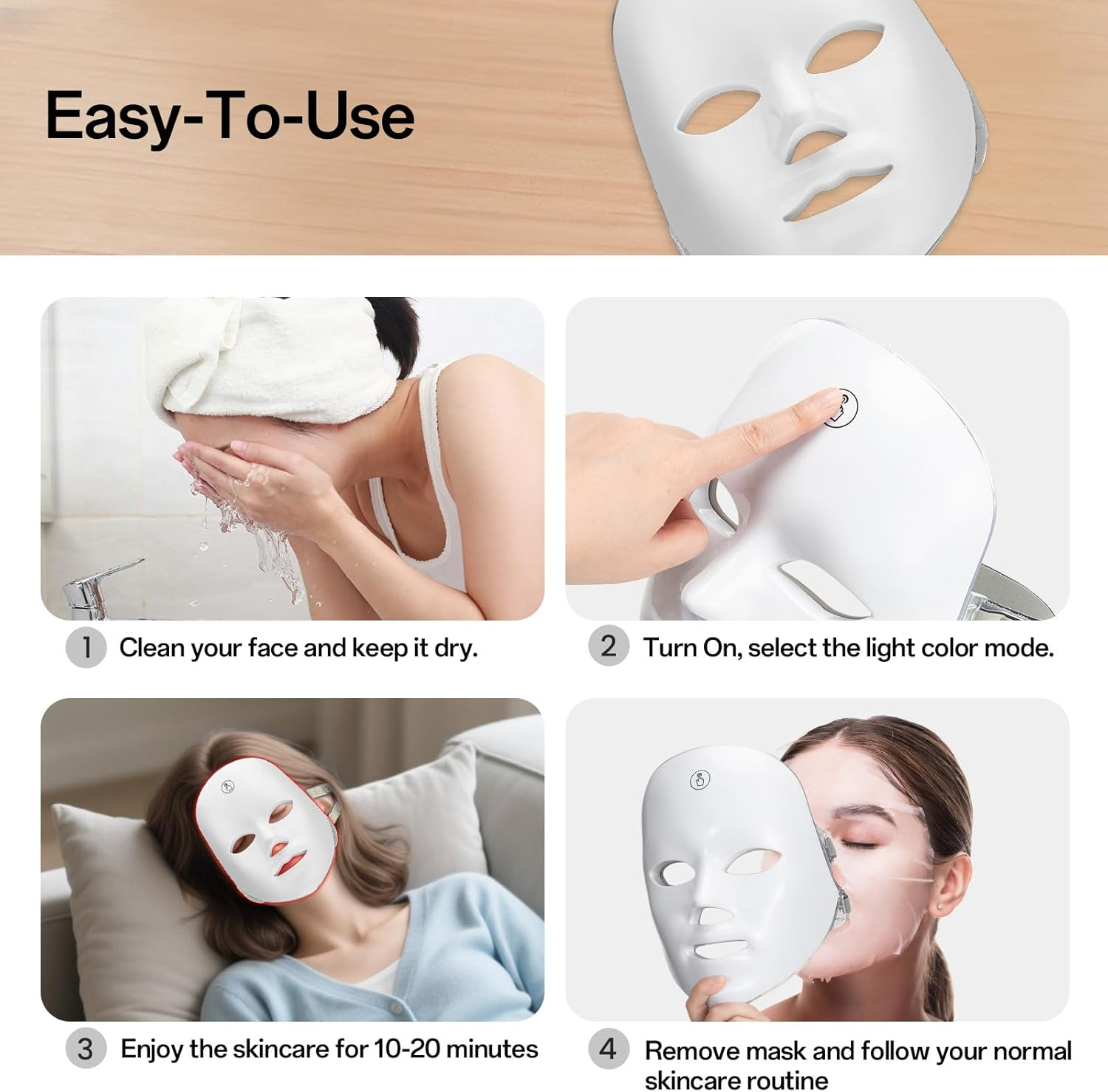 Suerbeaty Red Blue Light Mask for Face, 7-1 Colors Red Light Face Mask, Facial Mask Skincare at Home, Cordless, Portable and Rechargeable, White image number 4