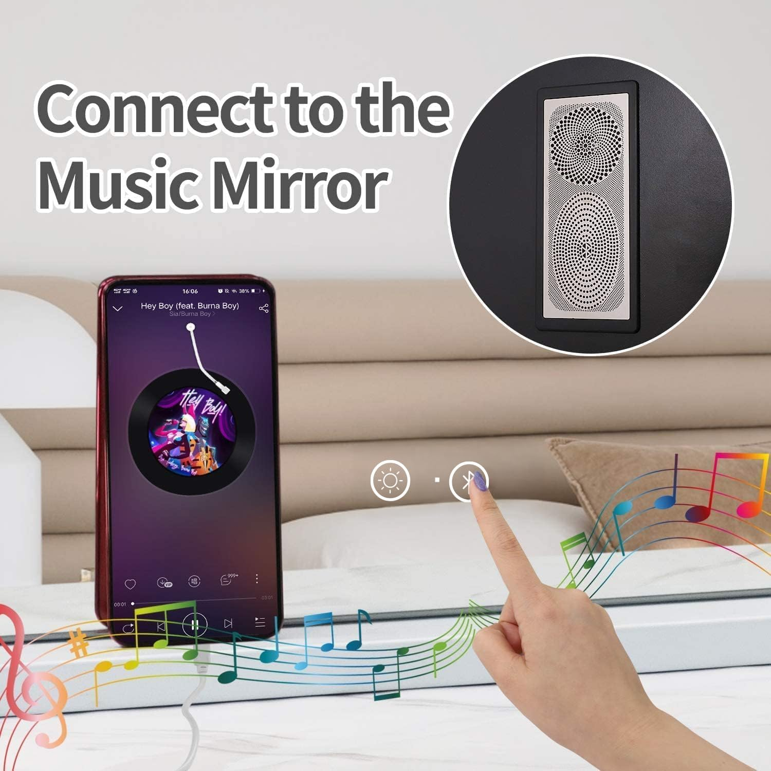 Hansong Vanity Mirror with Lights and Bluetooth Extra Large Hollywood Makeup Mirror with 18 Pcs LED Bulbs Lighted Vanity Makeup Mirror with USB Charging, 3 Color Lighting Modes Tabletop or Wall Mount