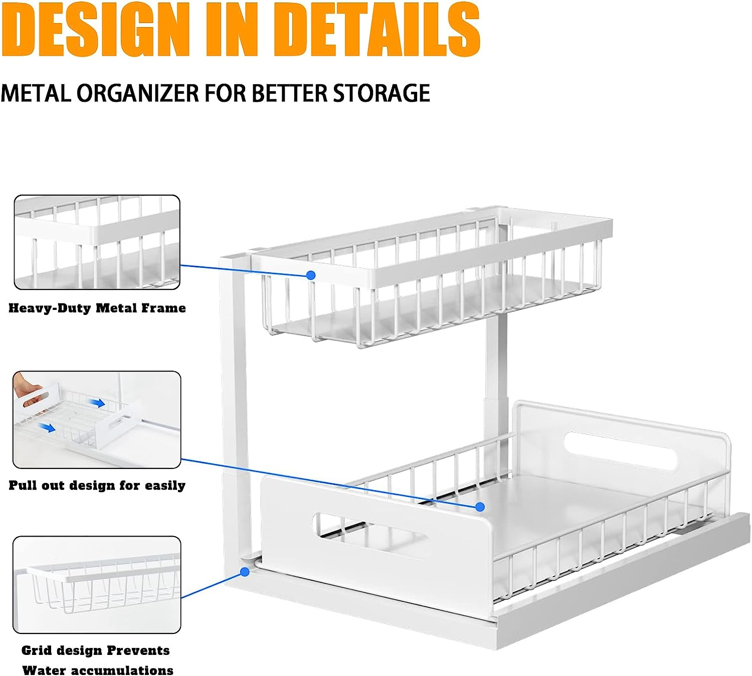 DEVA Bathroom Organizer, High Duty Metal under Sink Organizer and Storage, 2 Tiers Pull-Out under Sink Organizer and Storage for Sink Kitchen Cabinet Laundry, White image number 5