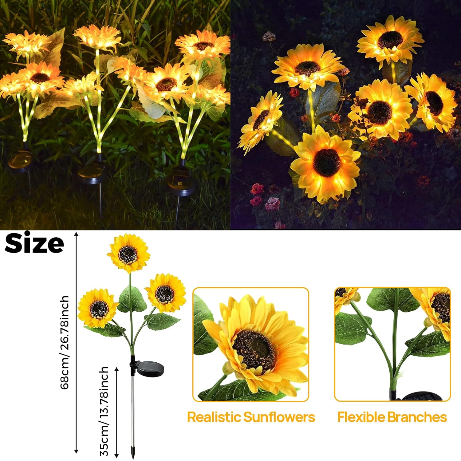 Pack of 2 Solar Sunflower Lights Outdoor, Waterproof Sunflower Solar Lights with 6 Artificial Sunflowers & Luminous Stems for Patio Garden Christmas Decoration image number 5