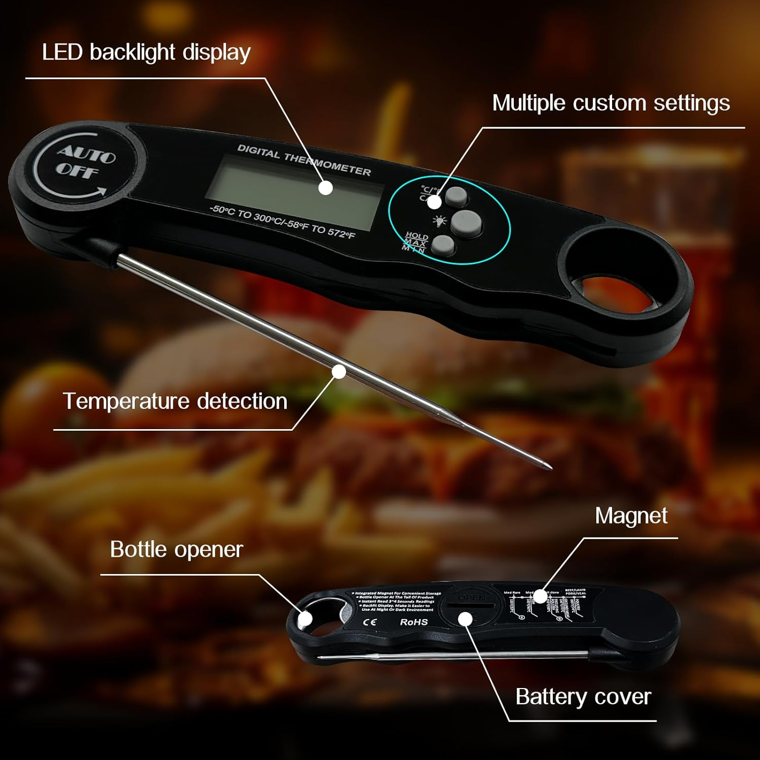 JOLLY GADGETS AUTO Instant Read Digital Thermometer &ndash; Waterproof, Fast & Accurate with Backlight Display, Calibration Function, and Wide Temperature Range for Cooking, Grilling, Frying, and Baking image number 6