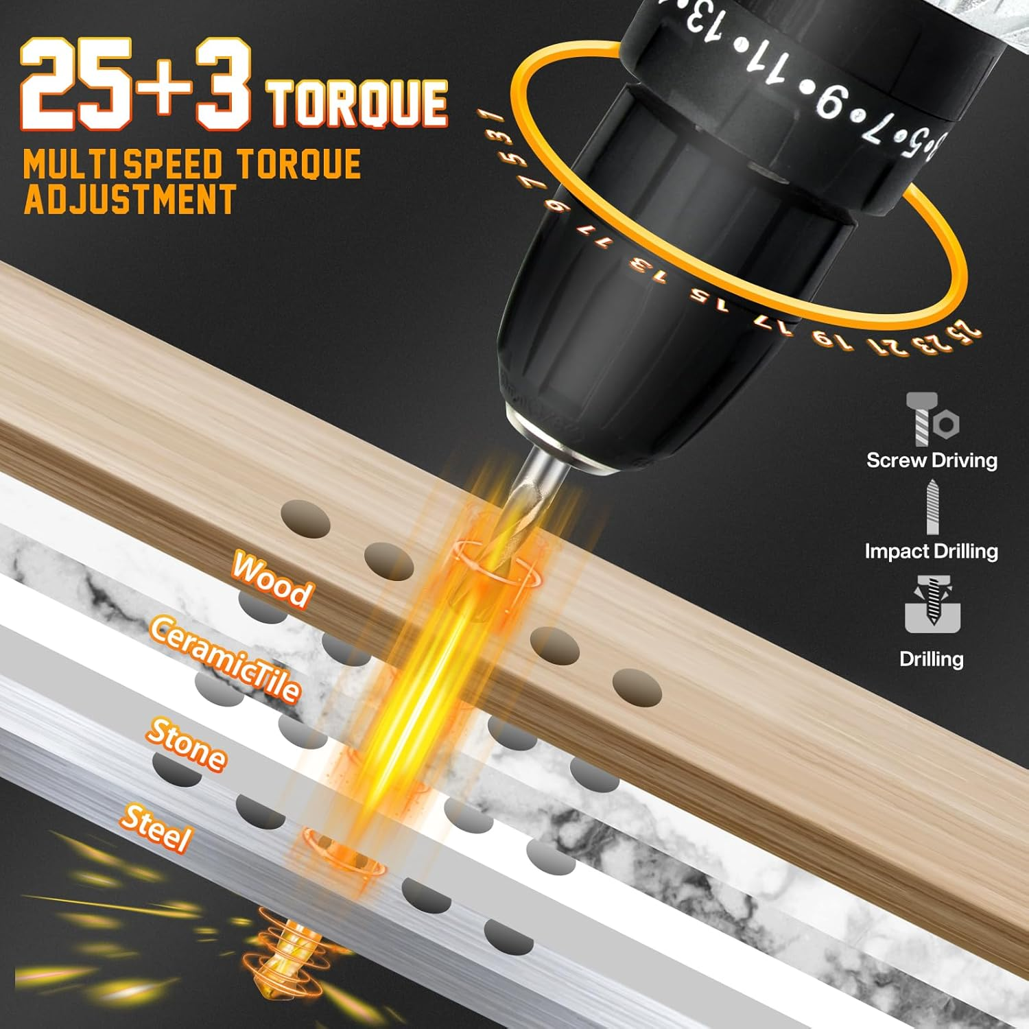 24Pcs 21V Cordless Drill Driver Set Household Hand Tool Kit,25Nm Variable Speed Multifunctional Rechargeable Power Drill Set with Led Light & Charger 25+3 Torque, 2000Mah Li-Ion for Home (Yellow) image number 5