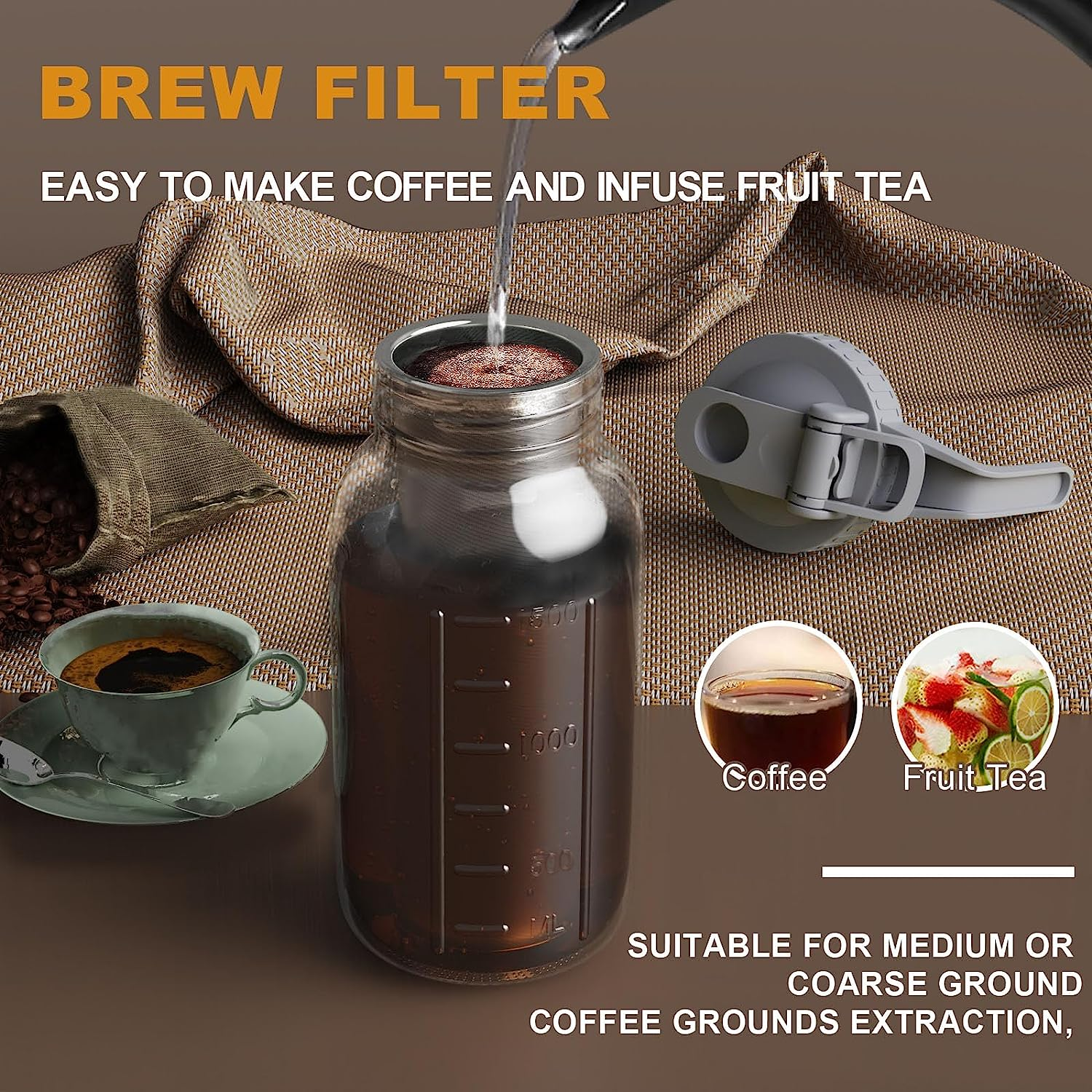 Cold Brew Coffee Maker Pitcher, 32 Oz Thick Glass Mason Jar Spout Lid with Handle & Stainless Steel Filter for Iced Brew Coffee, Ice Lemonade, Sun Tea, Fruit Drinks Container image number 1