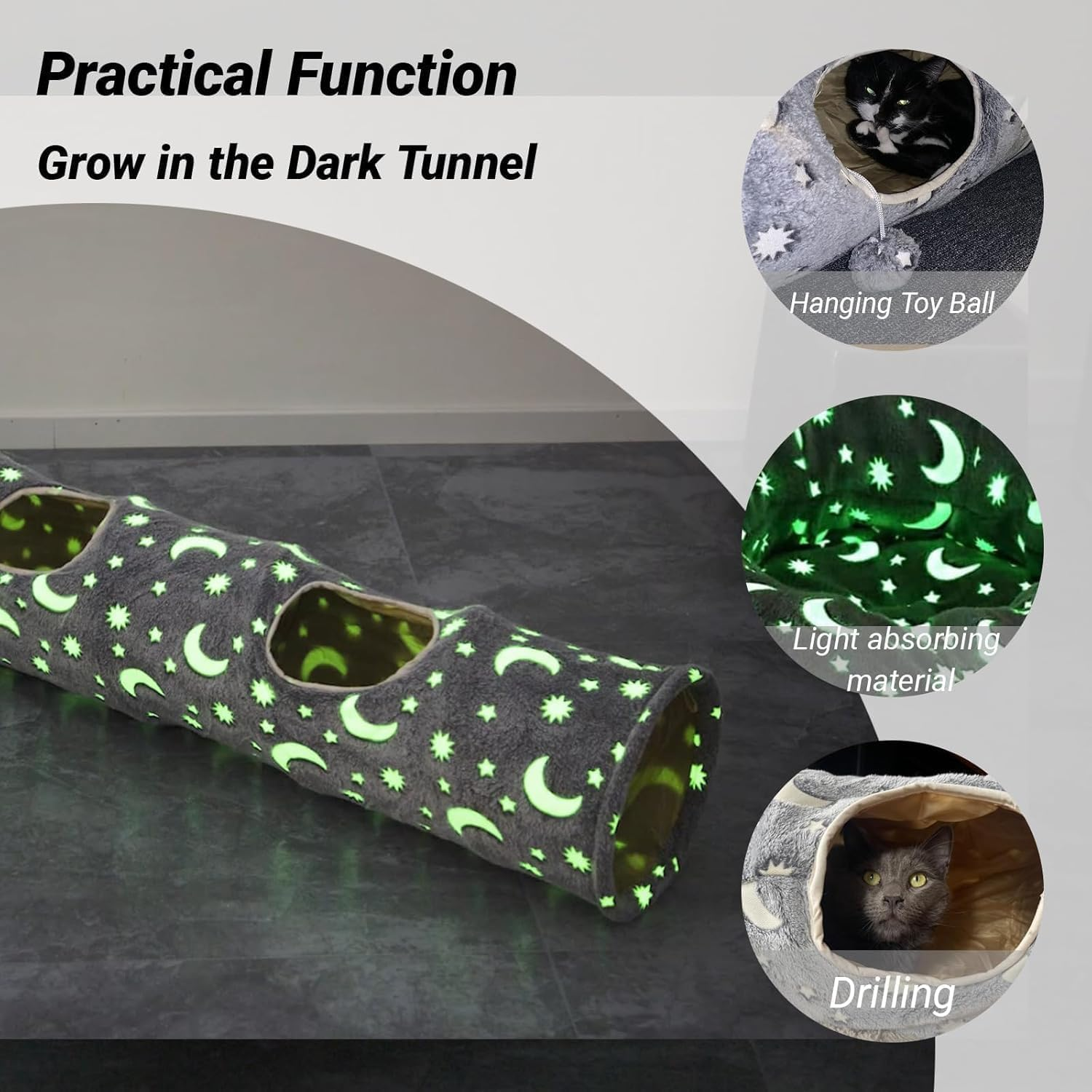 Cat Tunnel with Plush Ball, Self-Luminous Cat Toys for Indoor Cats, Interactive Cat Tunnel Toy, Cat Tunnels for Indoor Cats, for Kittens, Rabbits, Ferrets, Puppies and Small Dogs, Grey Moon Star image number 2