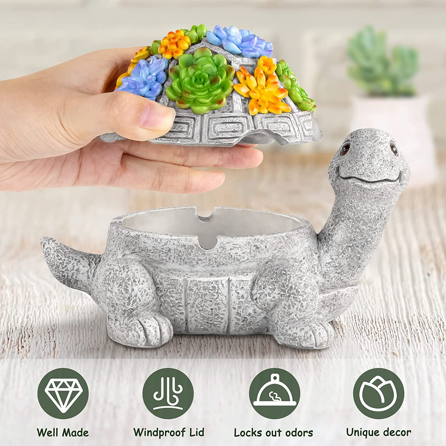 LESES Ashtray, Outdoor Ashtray with Lid Smokeless Waterproof Ash Tray with Cute Turtle Decor, Resin Ashtray for Cigarettes Home Office, Porch Patio Decorations Outdoor Indoor Ashtray image number 5
