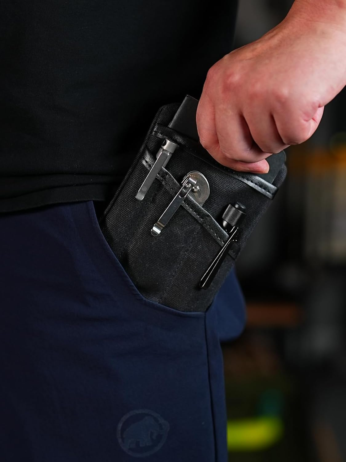 SP4 EDC Pouch, Waxed Canvas Compact EDC Pocket Organizer, Zippered Pocket Pouch for Men, Mini EDC Organizer for Change, Notebook, Tactical Pen, Flashlight - Oil Wax Black image number 3