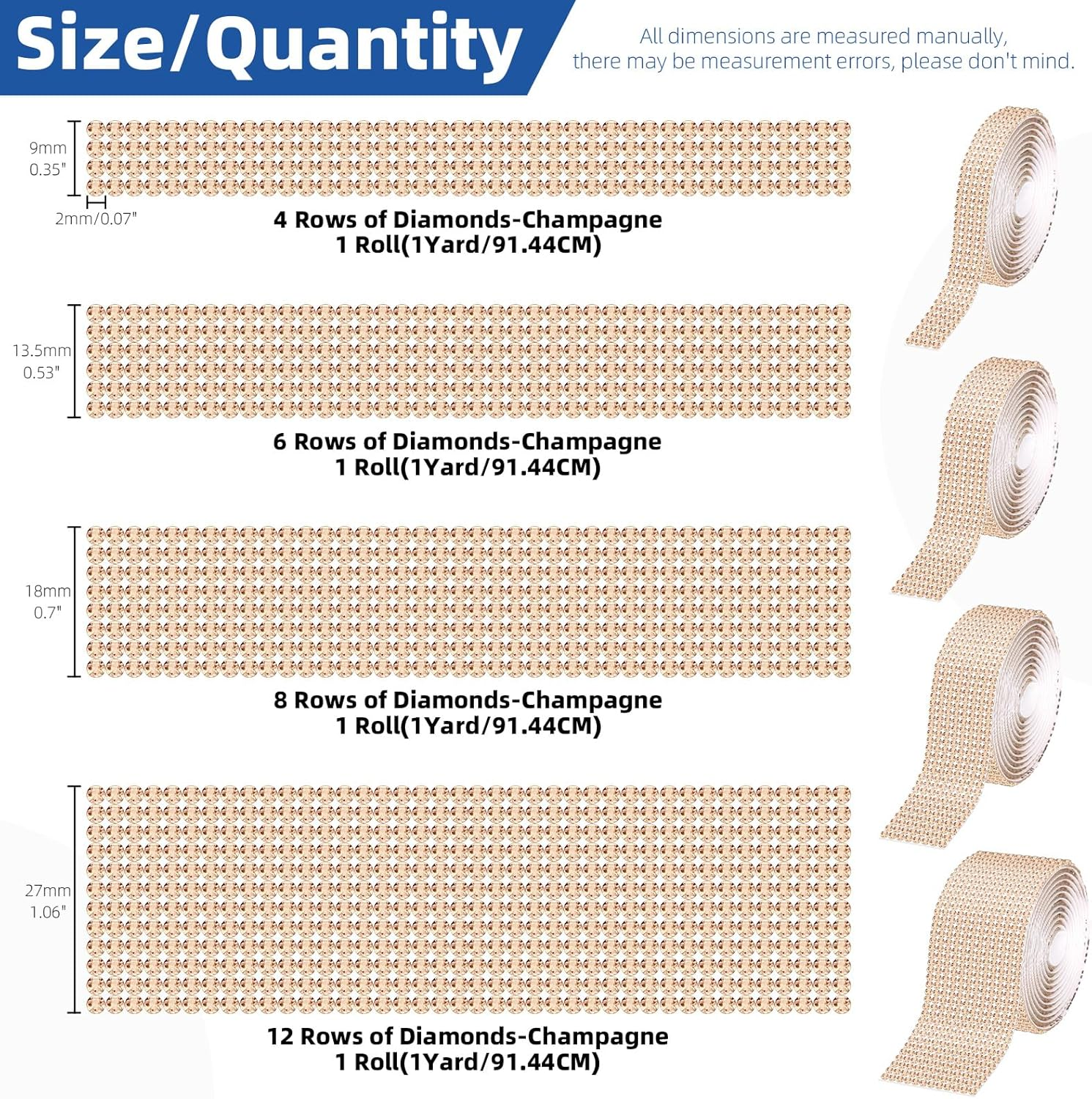 Glarks 4 Rolls 364CM Self-Adhesive Crystal Rhinestone Ribbon, 4/6/8/12 Rows Champagne Color Wrap Glittering Rhinestones Sticker, Diamond Rhinestone Ribbon Roll Stickers for Decoration Car DIY Crafts - Black image number 7