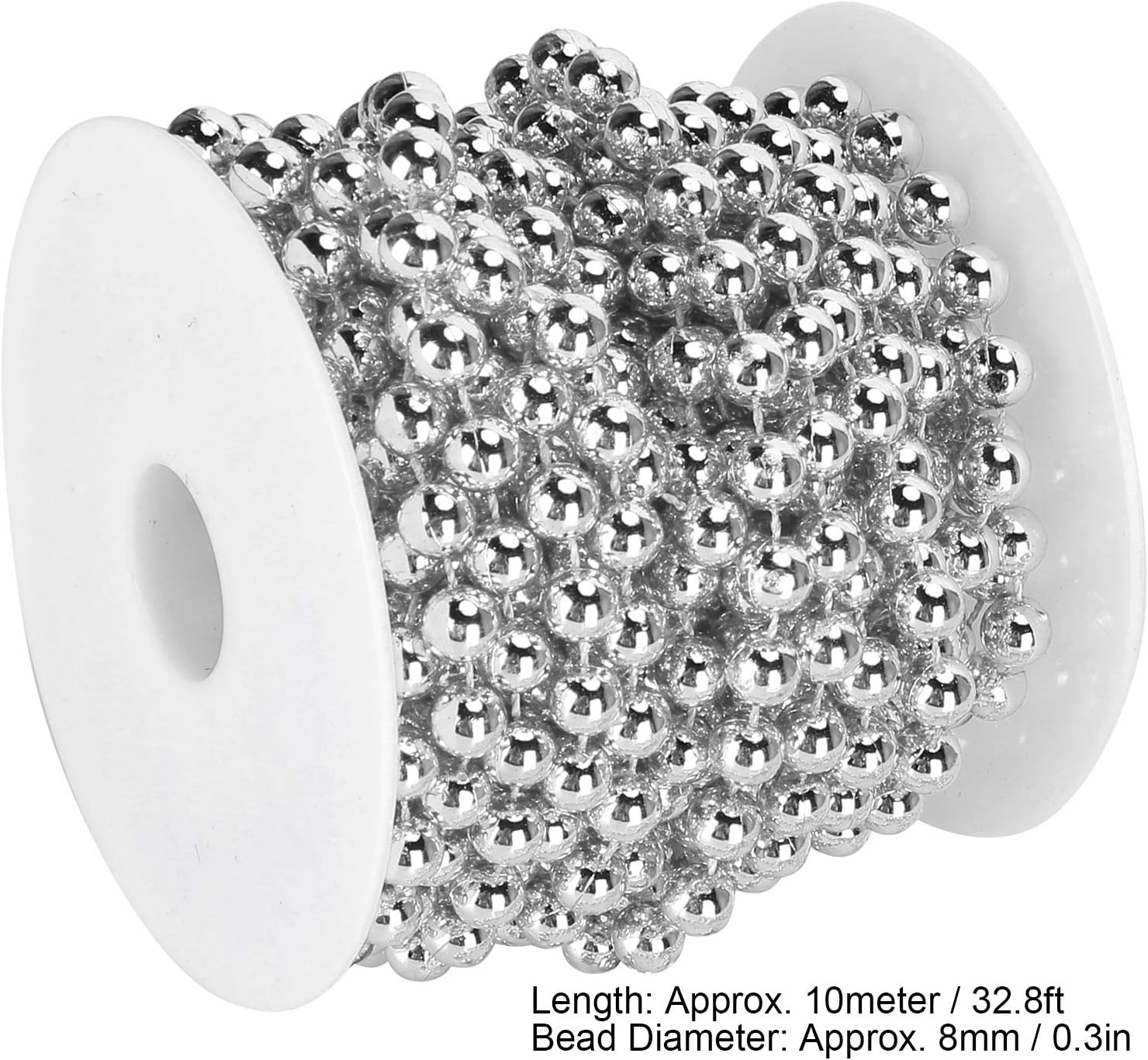 8Mm Silver Bead Hanging String, Silver Plastic Beads on String, Silvery Hanging Beads Garland for Christmas Decoration Wedding Party (10 Meter/Rollsilver)