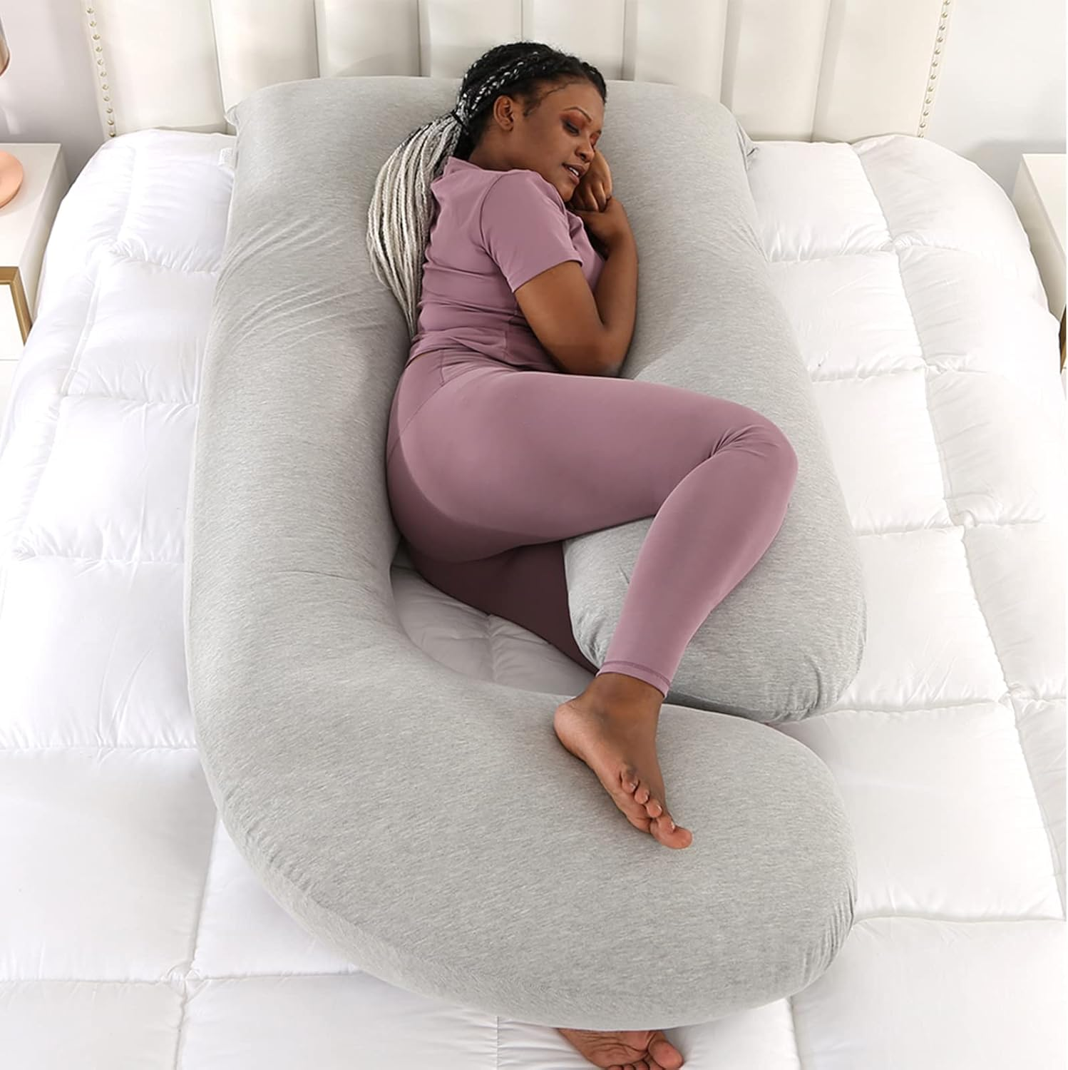 Pregnancy Pillow, J Shaped Body Pillow with Removable Cover, Full Body Pregnancy Pillow Support for Back, HIPS, Legs, Belly for Nursing, Maternity and Pregnancy (140X70X18Cm, Grey) image number 3