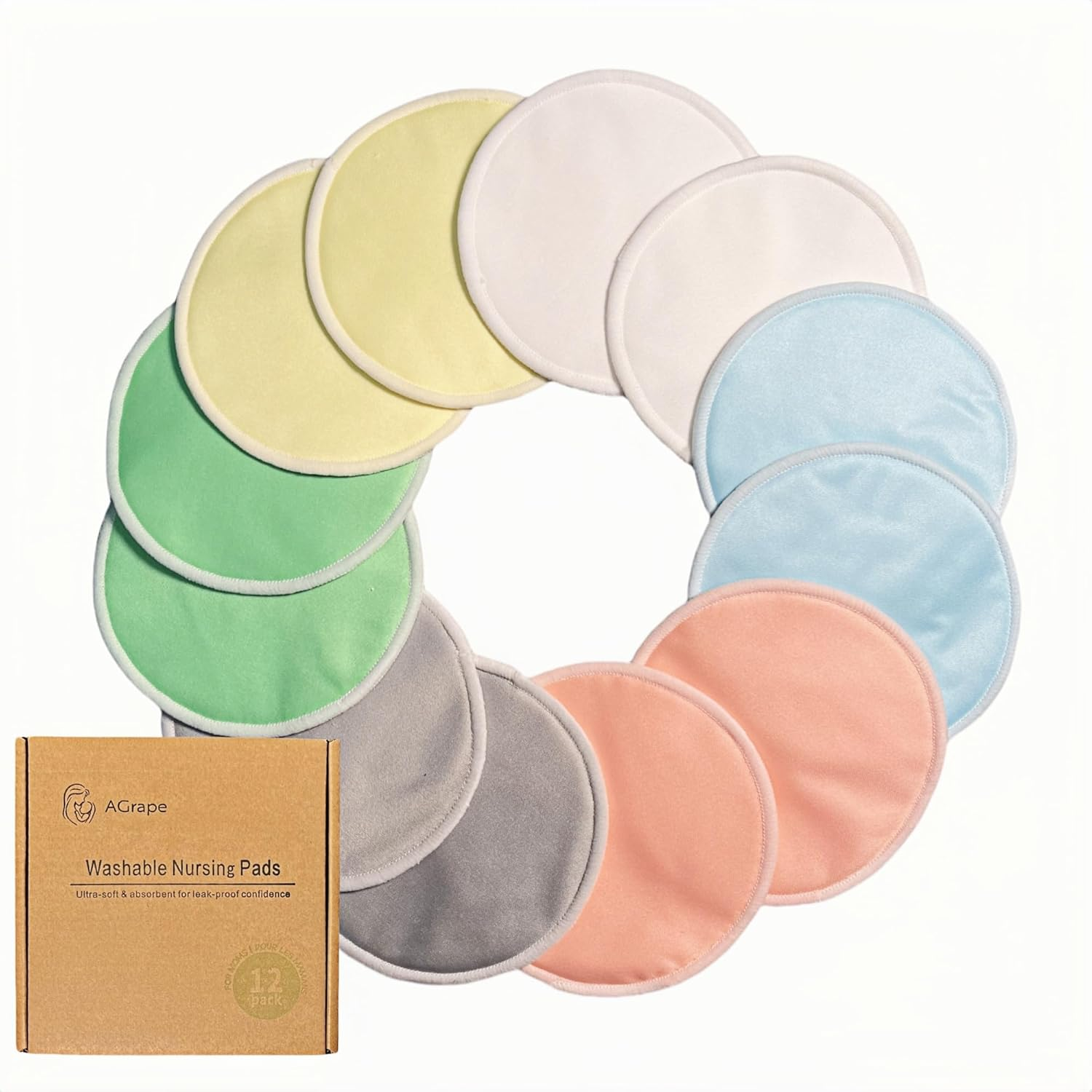 12 PCS Reusable Breast Pads for Breastfeeding &ndash; Washable Nursing Pads, Reusable Nursing Pads with Wash & Carry Bags, 4.7 Inch Multicolor