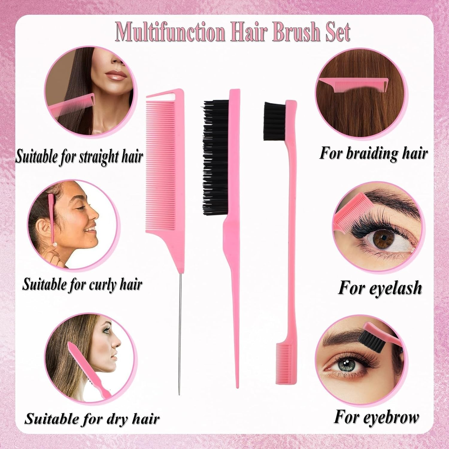 12 Pcs Hair Brush Set, 3 Pieces Slick Back Hair Brushes for Toddlers, Women, Detangling Brush for All Typs of Hair, Edge Bristles Wide Tooth Rat Tail Combs for Baby Girls Boys(Pink)