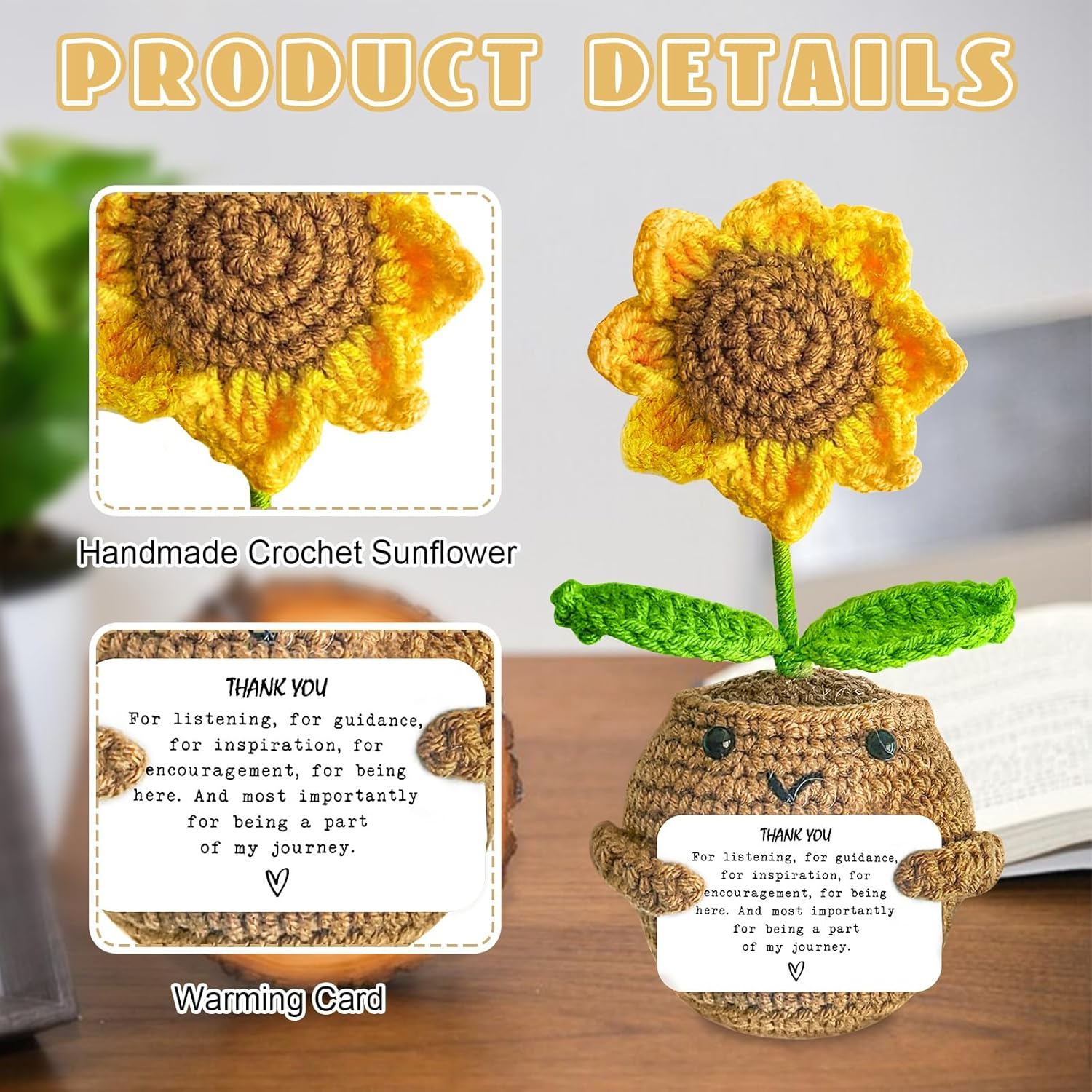 Gifts for Teacher, Positive Handmade Crochet Sunflower, Thank You Gifts for Teacher with Warming Card Appreciation Women Men Friends Graduation Gift (Style 1) image number 3