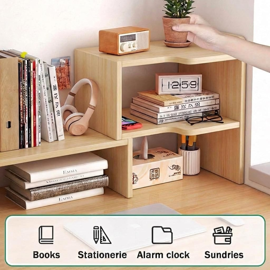 Joiena Desktop Bookshelf Desk Storage Organizer Adjustable Wood Bookcase Desktop Display Shelf Stand Rack with Cabinet Office Supplies (Wood, without Door)