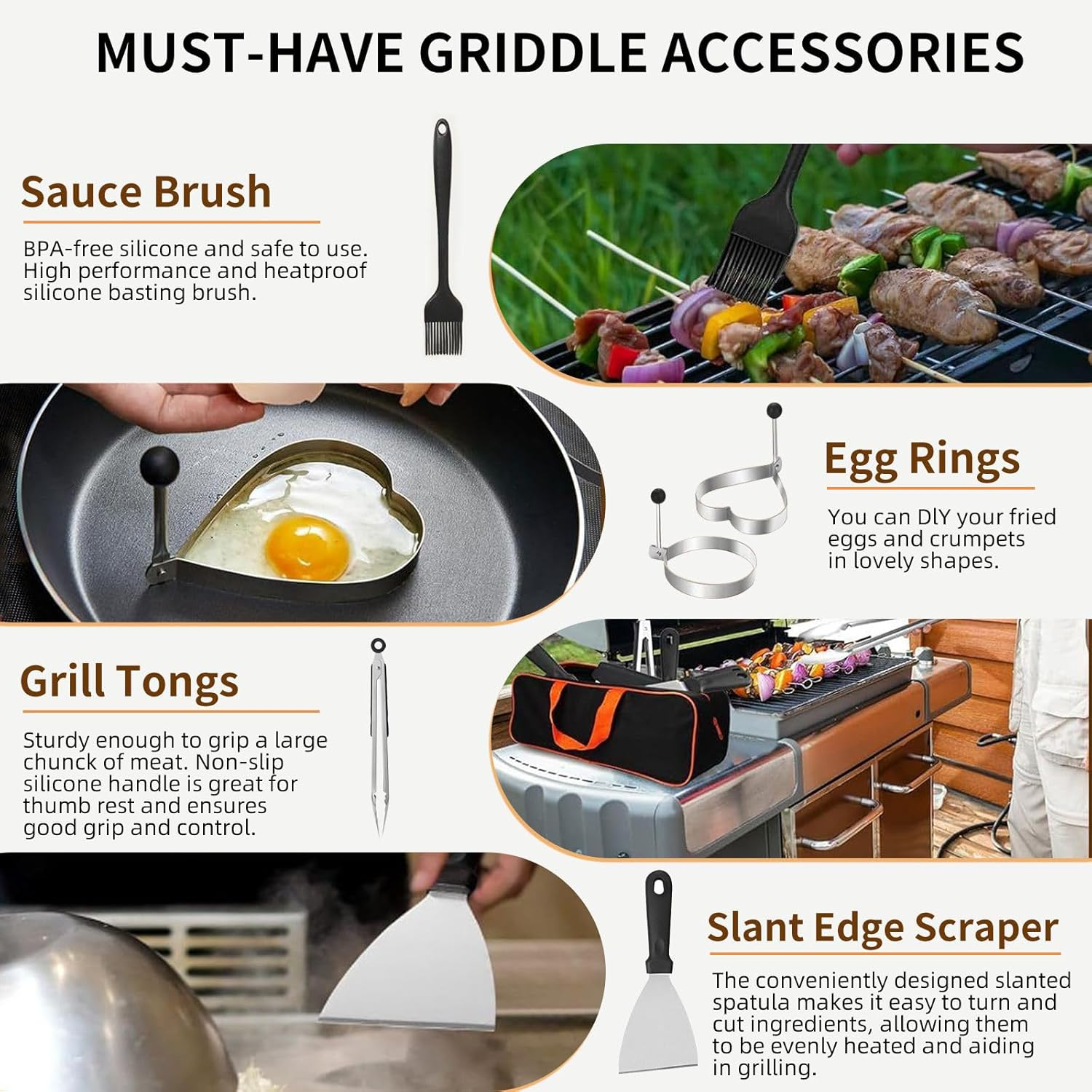 45 Pcs BBQ Kit, BBQ Utensils, Smoker Accessories, Stainless Steel BBQ Tools Set with 2 Basting Cover, Griddle Spatulas, Flat Top, Scraper, Meat Press for Outdoor, Camping, Backyard, Camping