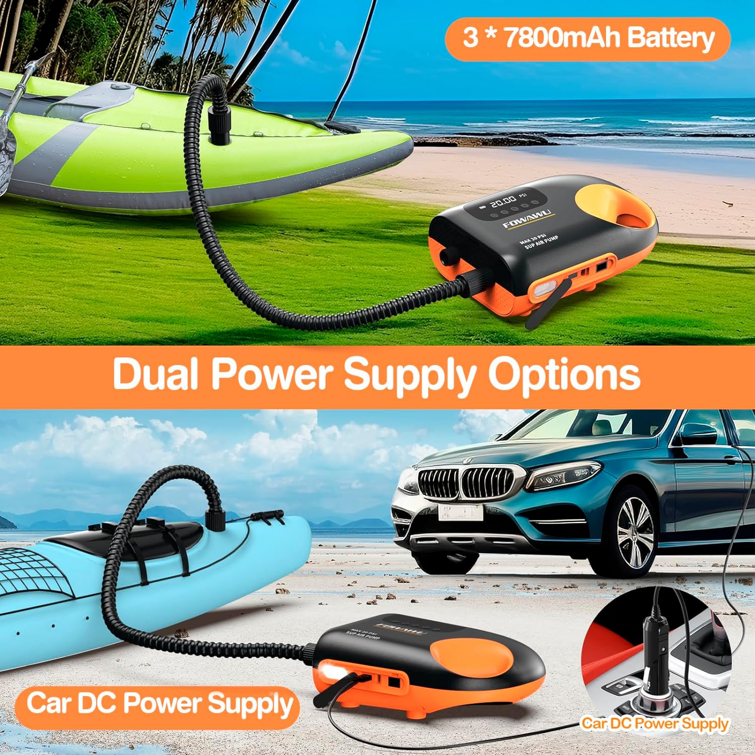 FOWAWU Sup Pump, 20 PSI Paddle Board Pump Intelligent Dual Stage Inflation & Deflation, Auto-Off, Inflatable Sup Pump SUP Air Pump DC 12V Car Connector image number 2