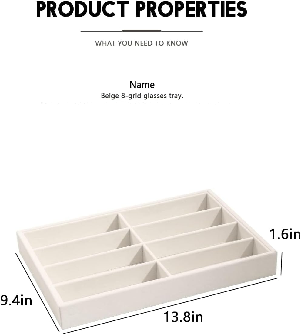 Sunglass Organizer Tray, Beige Velvet Glasses Trays, Eyeglasses Watches Jewelry Display Organizer Tray Box for Men Women (8 Grids Beige) image number 1