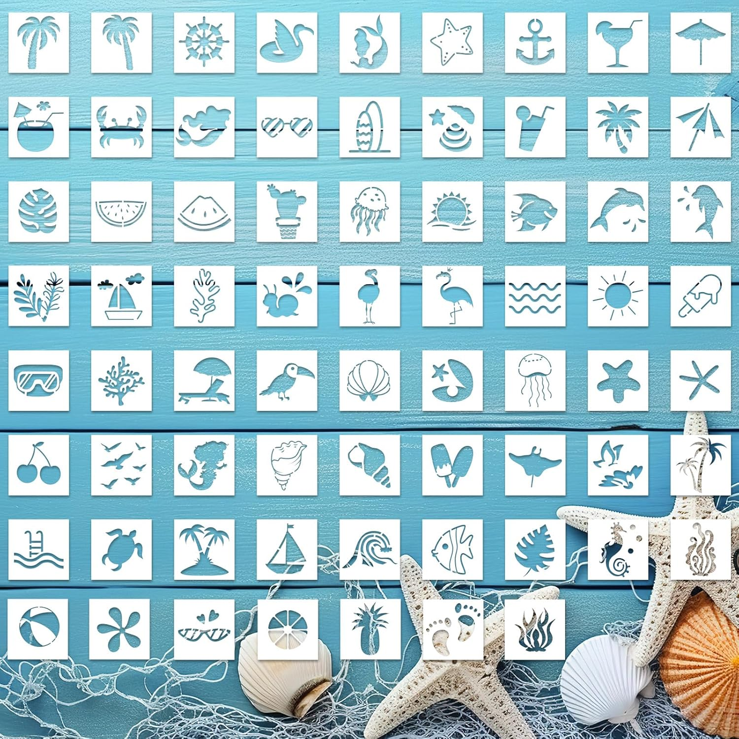 70Pcs Ocean Stencils for Painting, 3X3In Plastic Sea Life and Beach Stencils Ocean Creatures Palm Tree Patterns for Wood Canvas Rocks & DIY Crafts image number 1