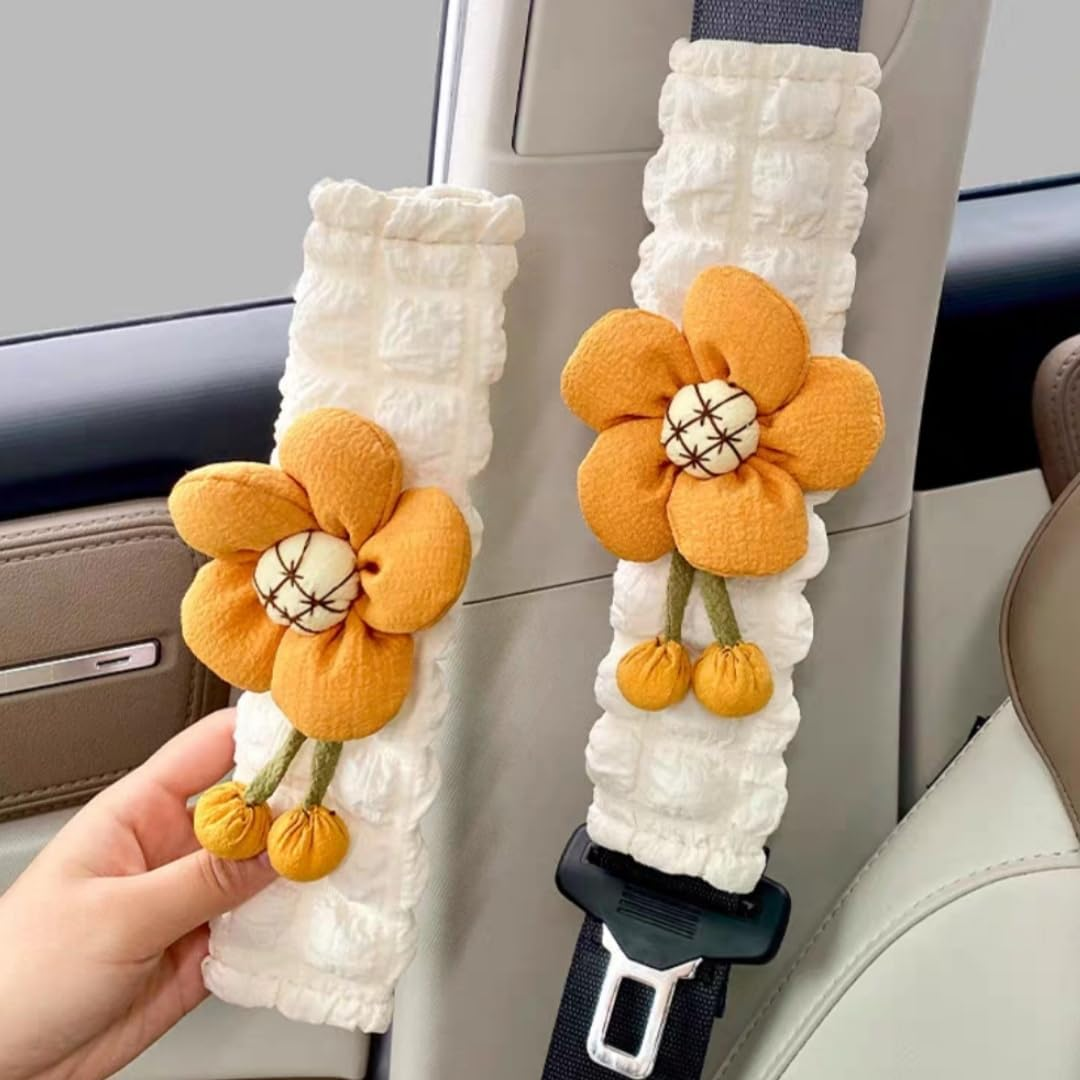 Cute Flower Car Seat Belt Cover Pads 2 Pack & 4 Pack Car Accessories Seat Belt Cushion Neck Cushion Shoulder Strap Protector Universal Seat Belt Cover for Adults and Kids (Sunflower,2)