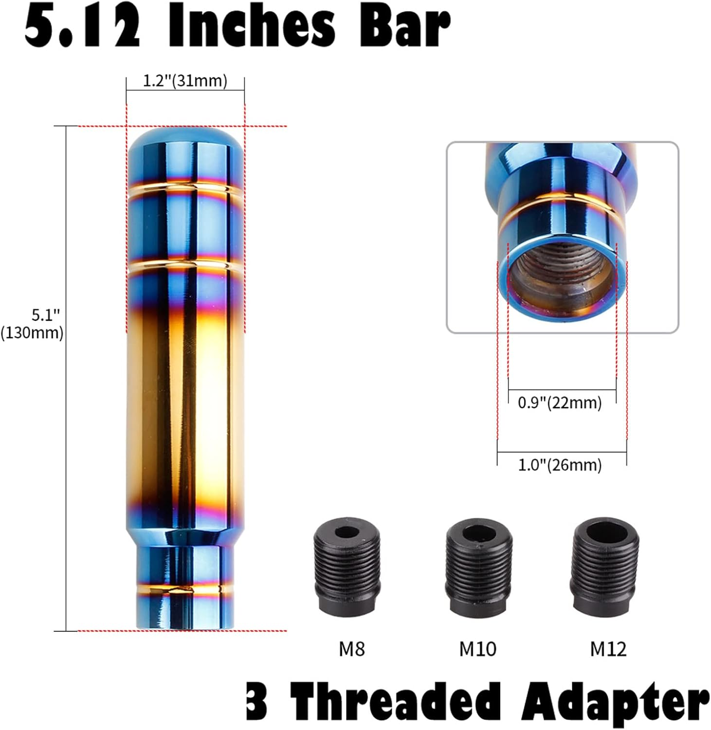 BARTOO Aluminum Alloy Heavy Weighted Shifter Knob, 5" Auto Gear Shift Knob, Car Gear Lever Stick Shifter Handle,With 3 Threaded Adapters M8 M10 M12,Fit Most Automatic Manual Vehicle(Gold Plated) image number 4