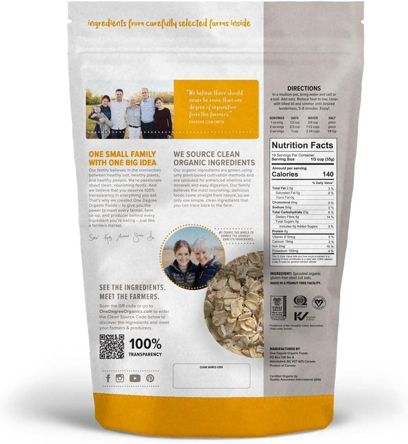 One Degree Organic Foods Sprouted Rolled Oats, USDA Organic, Non-Gmo Gluten Free Oatmeal, 24 Oz., 4 Pack image number 2
