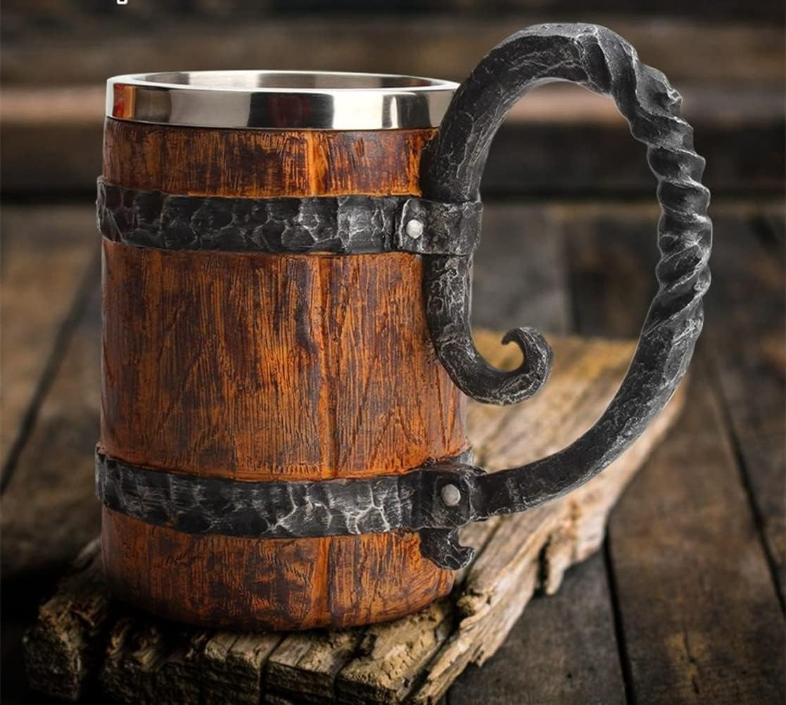 Viking Wood Style Beer Mug,Wood Imitation Barrel Stainless Steel Beer Mug,Vintage Bar Handmade Wooden Beer Mug (Wooden Barrel Beer Mug 550ML) image number 4