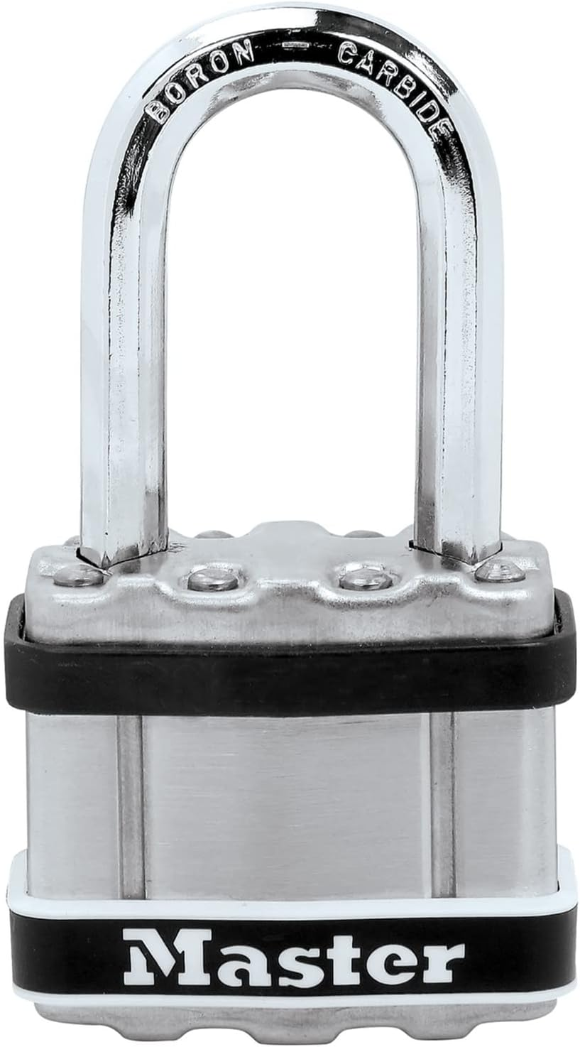 Master Lock Excell Heavy Duty Padlock with Key and 38Mm Long Shackle - Stainless Steel Laminated Body - 44 Mm Size Lock for Storage Locker, Fence Lock and Gate Lock image number 5