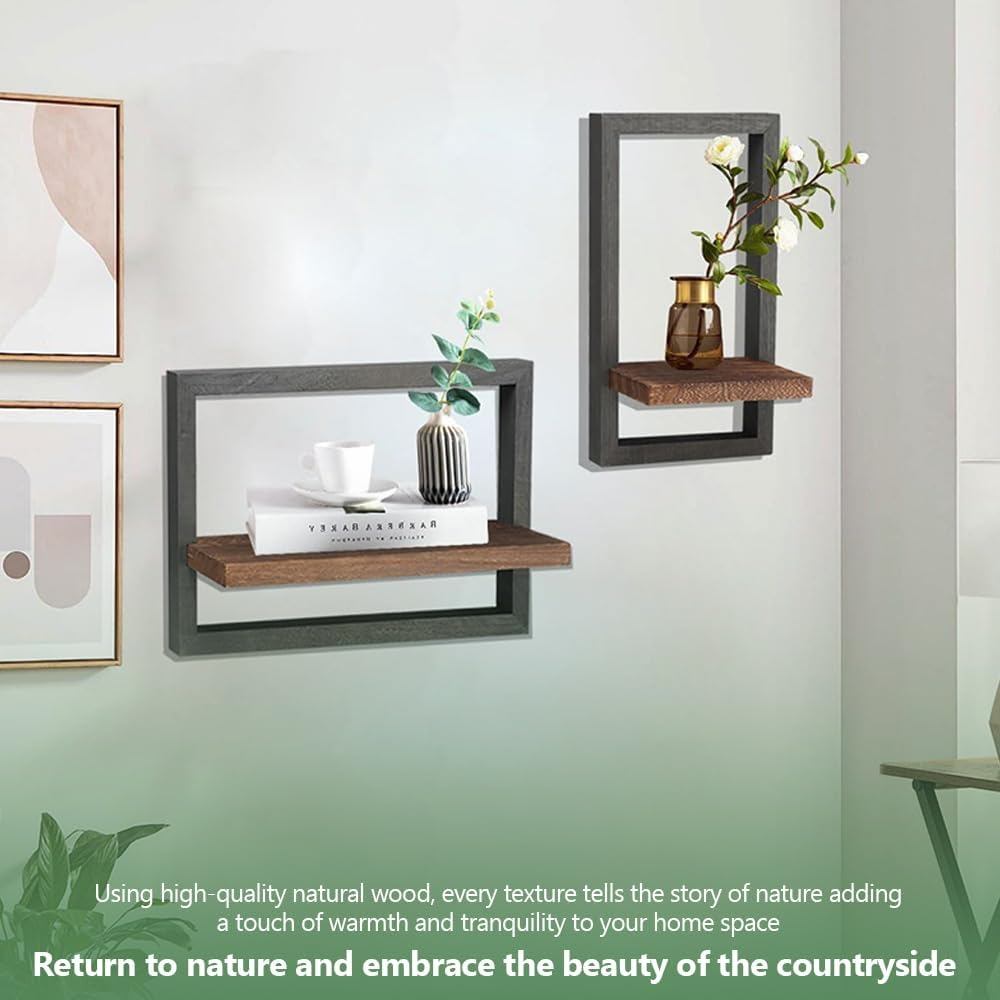 2 Pcs Rustic Black Square Wood Wall Shelves, Durable Wall Mounted Storage Shelves, Decorative Floating Wooden Display Racks for Living Room, Bedroom, Kitchen, or Office image number 2