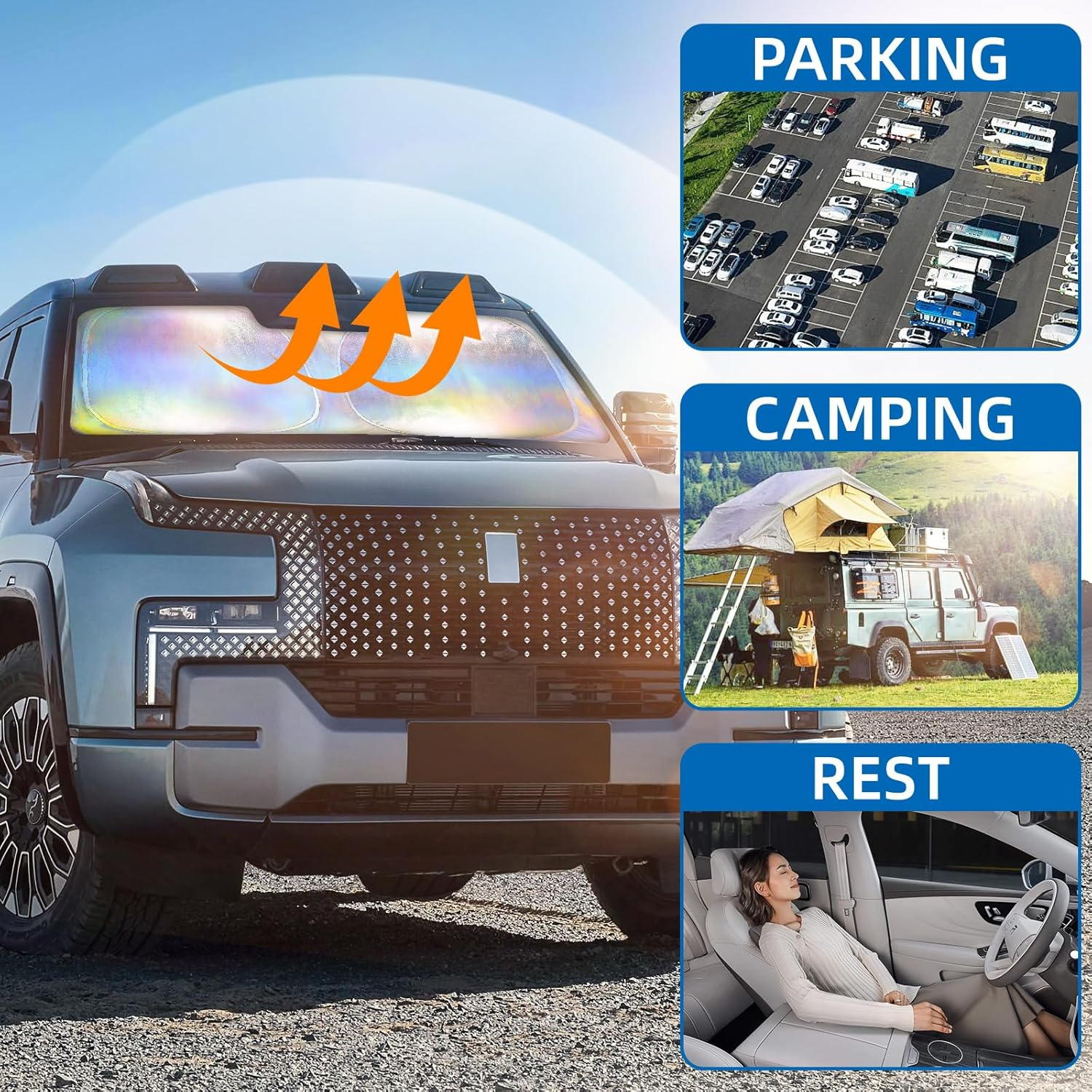 Magnelex Car Windshield Sunshade with Bonus Steering Wheel Sun Shade. Reflective Polyester Blocks Heat and Sun. Foldable Sun Shield That Keeps Your Vehicle Cool (XL 57X 35.4 In) image number 4