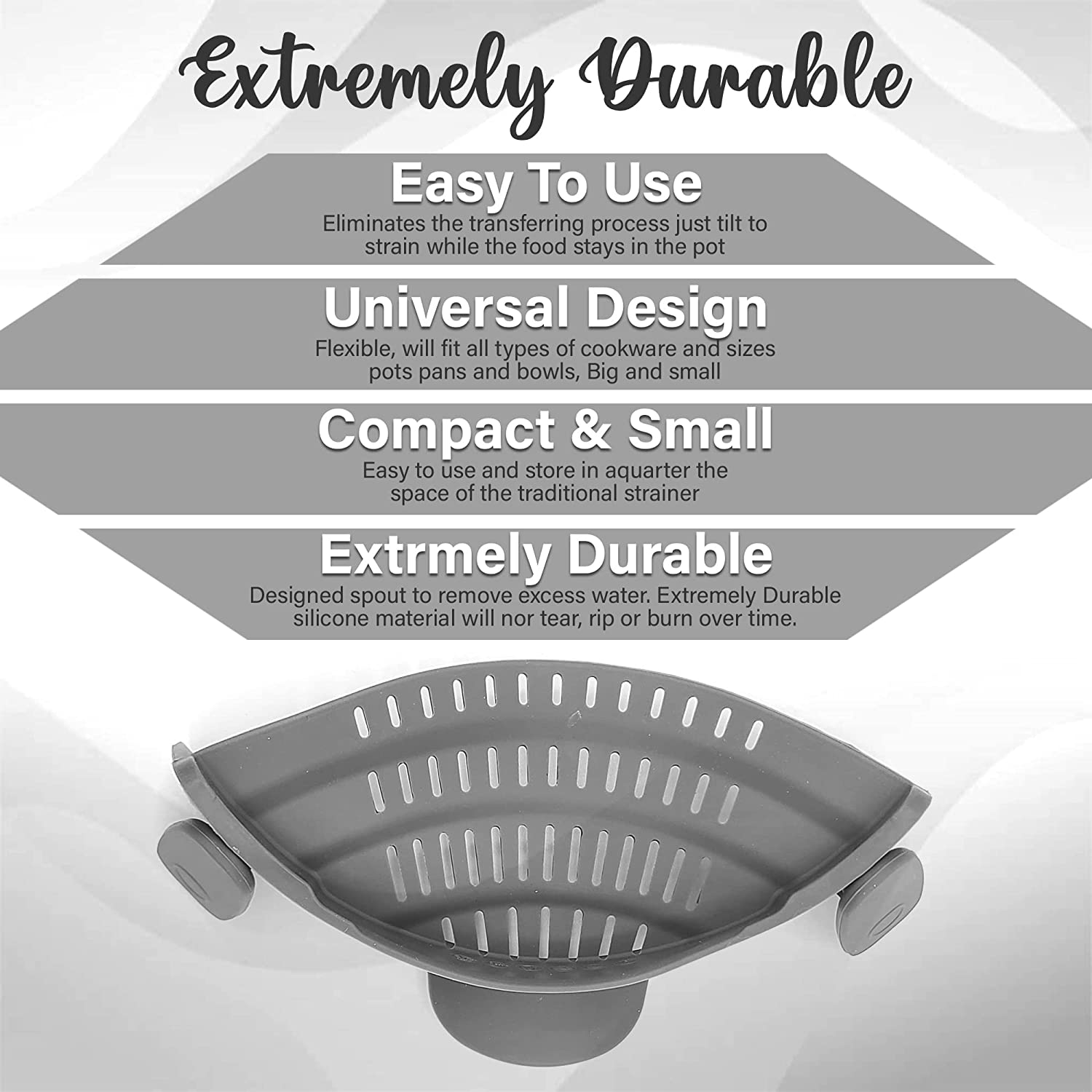 Strainer and Pasta - Adjustable Silicone Clip on for Pots, Pans, Bowls, Kitchen Gadget, Gadgets Home, Must Haves, Fits All Bowls Pots Grey 9.05''X4.92''X2.63'' image number 5