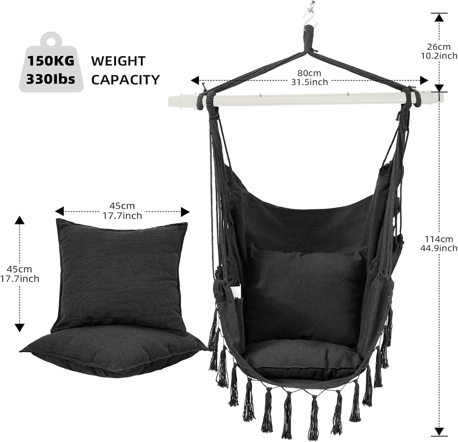 Hammock Chair Hanging Rope Swing Chair with 2 Seat Cushions & Installation Kit, Max 150Kg,Hammock Swing Hanging Chair (Gray) image number 6
