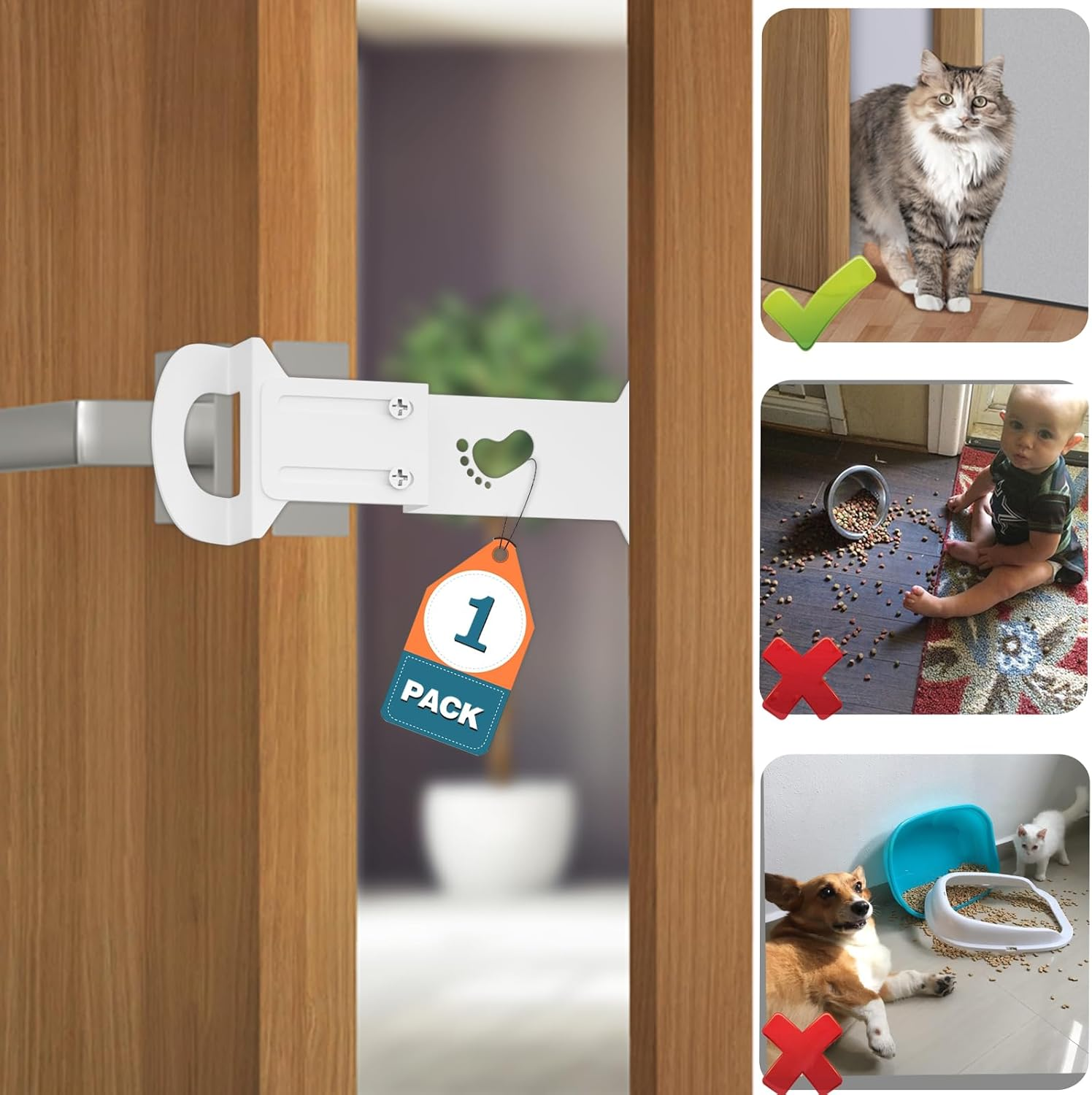 Cat Door Latch and Holder - Metal Adjustable Cat Door Stopper - Strong and Portable Door Prop - Keep Dog Out of Litter Box & Cat Feeder - No Measuring, Easy to Install (White, 1) image number 1