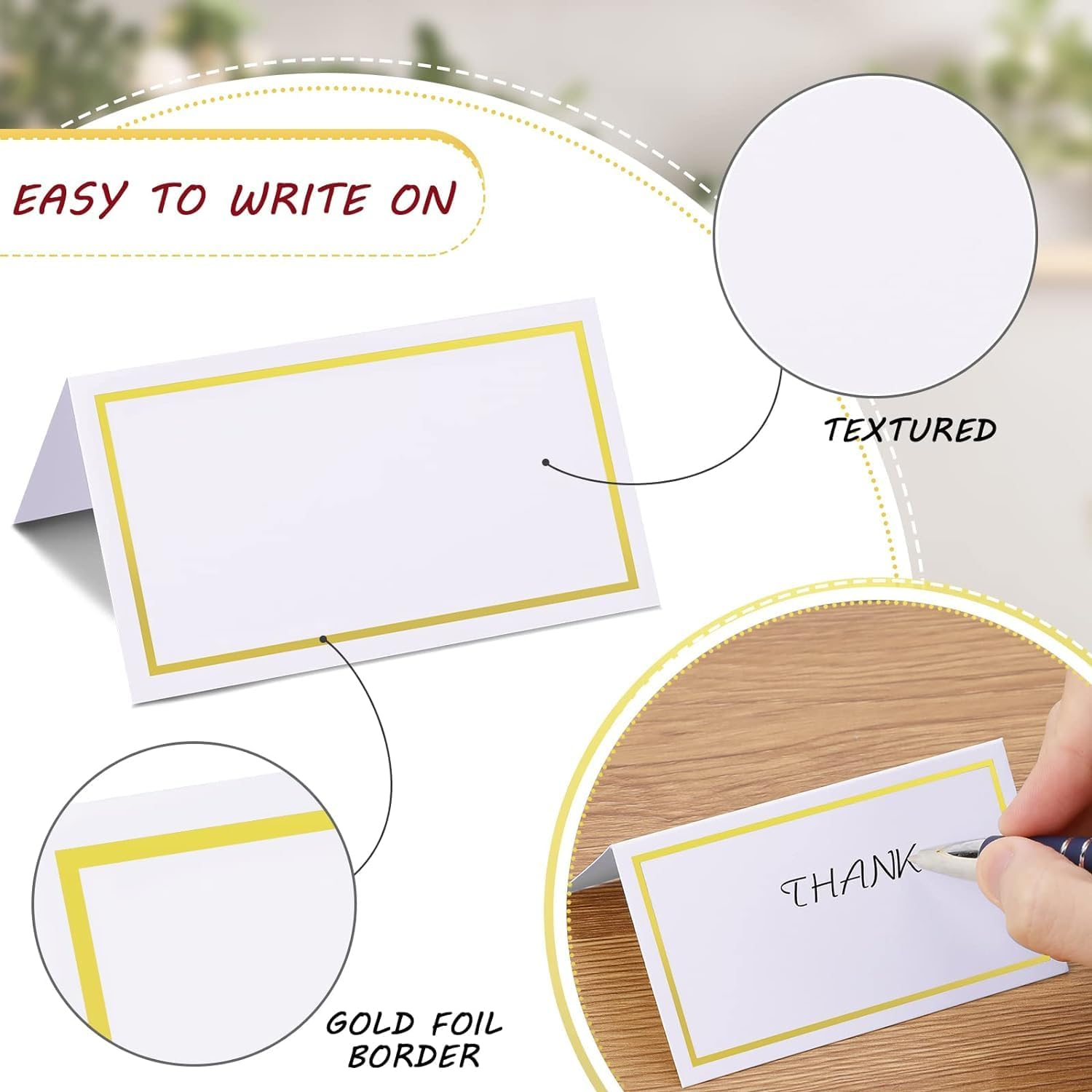 100 Pcs Place Cards with Gold Foil Border, Scored for Easy Folding, Place Cards for Table Setting, Food Tent Labels，Reception Event Celebration Event image number 3