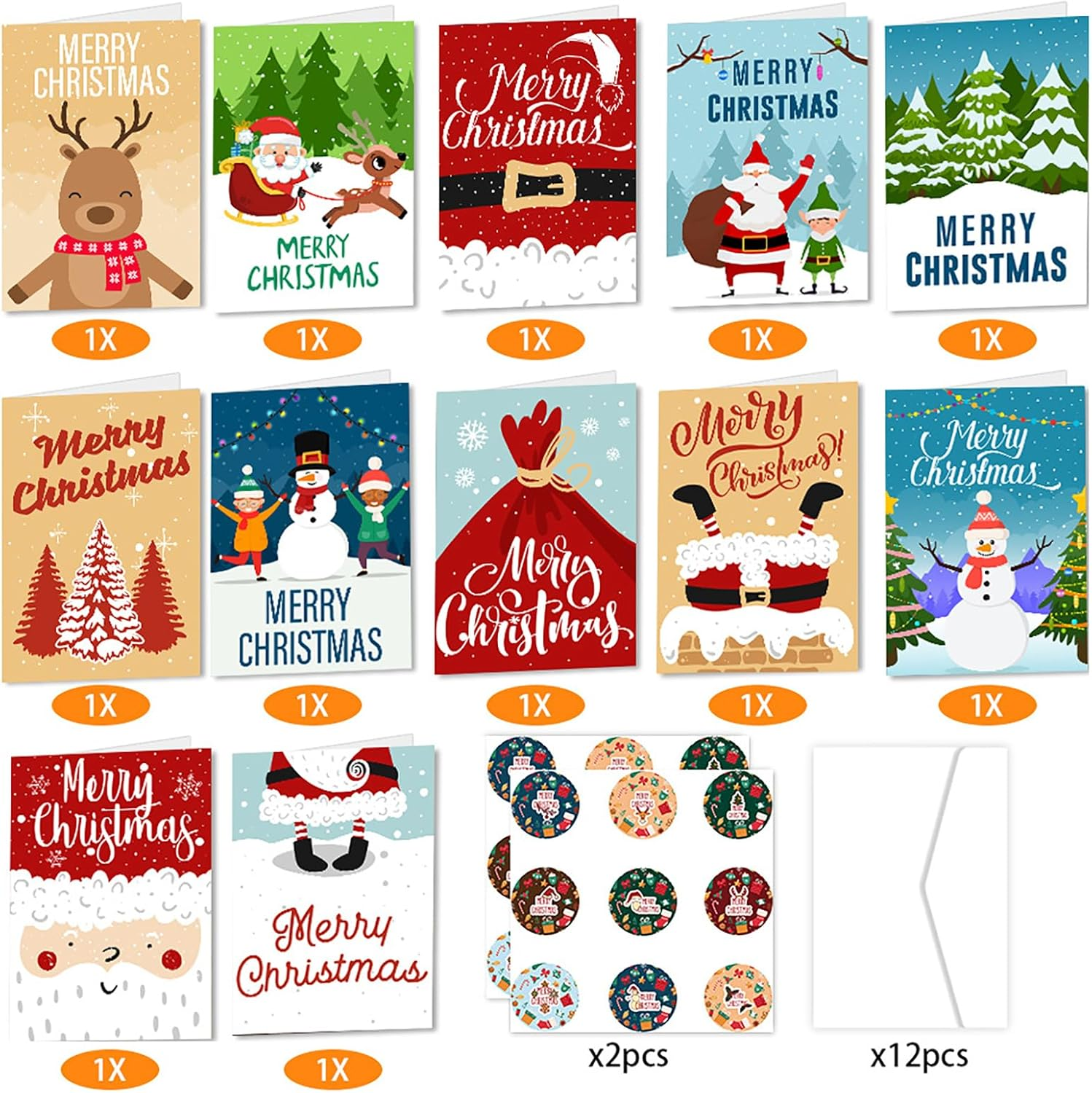 12 Set Christmas Holiday Greeting Card Set, 7.87X5.9 Inch, 12 Assorted Custom Illustrative Designs, Blank Inside, By, Complete with Envelopes and Sticker (Style C) image number 2