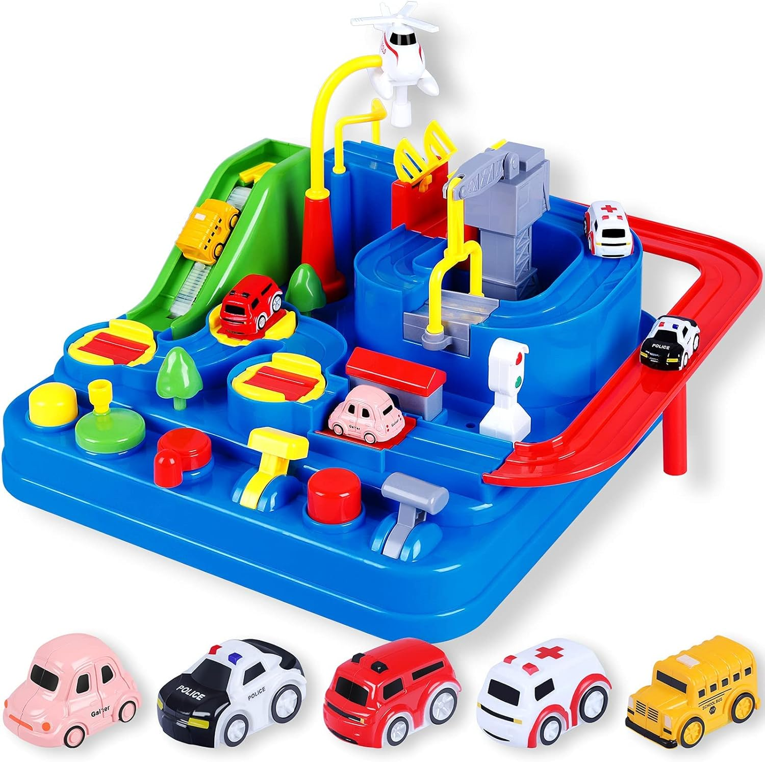 Yzeril Track Playset, City Rescue Preschool Educational Toy Car, Parent-Child Interactive Racing Car Kids Toys, Matching Five Cars, Suitable for Boys and Girls over 3 Years Old. (Bule) image number 4