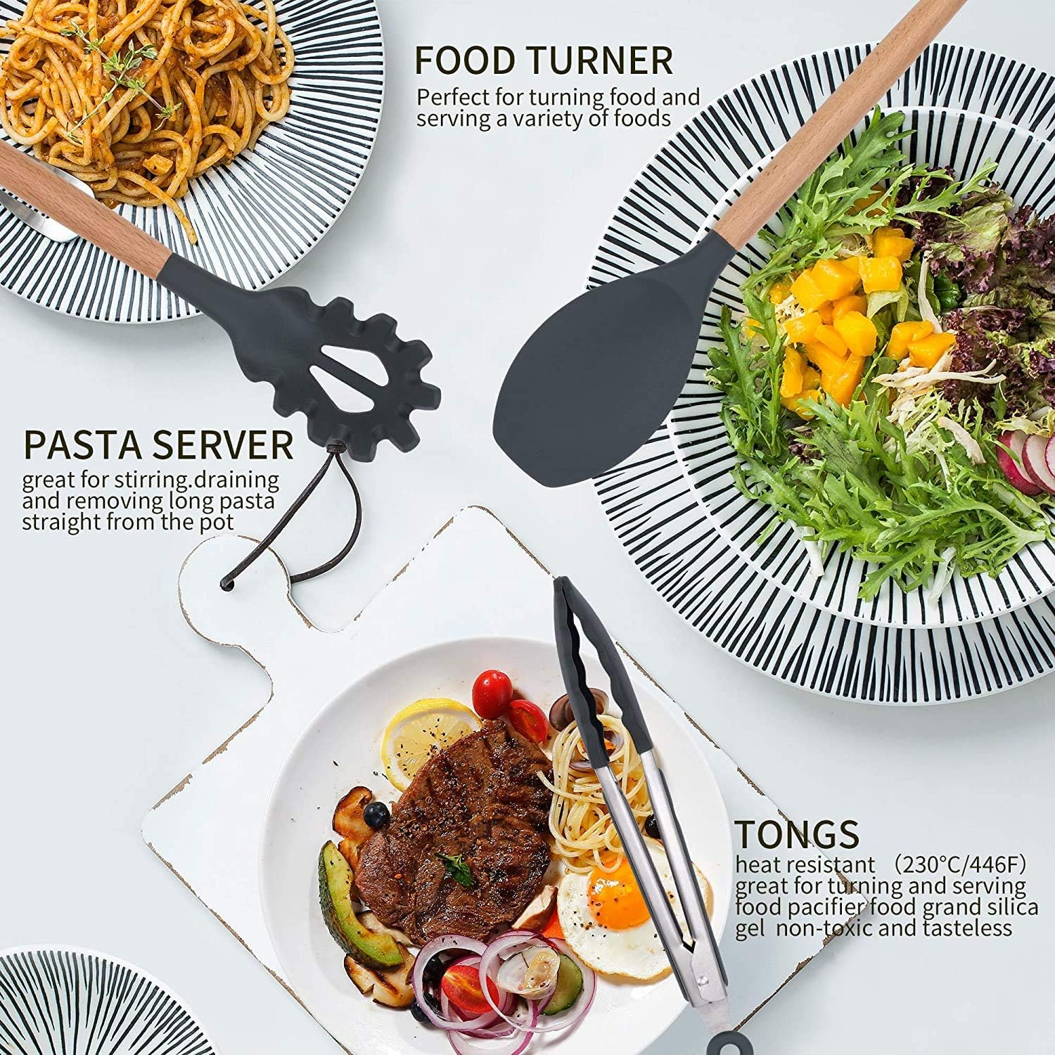 Kagoling Kitchen Utensil Set, Non-Stick Heat Resistant Kitchen Utensil Set, Silicone with Wooden Handle, 13 Pieces, Kitchen Utensils Including Spoons, Tongs, Whisk, Spatula image number 4